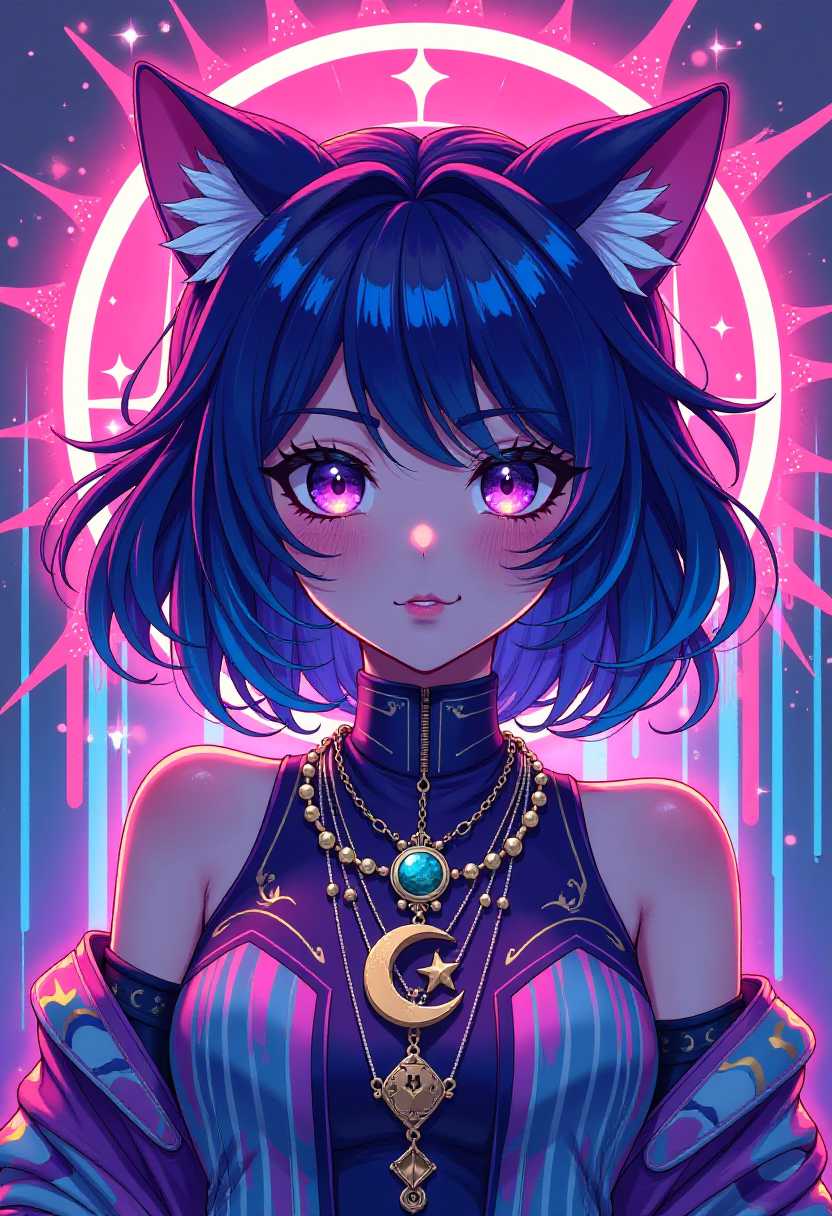 This image is a digital illustration that features a character with a distinct animeinspired style. The character has prominent catlike ears, which are a common trope in anime and manga for characters with animal traits or supernatural abilities. The hair is voluminous and curly, with a rich, multicolored palette that includes purples, blues, pinks, and touches of neon yellow and green, giving it a dynamic and almost electric appearance. The hairs texture is emphasized with thick, bold strokes that give it a sense of movement and volume.The character is wearing a highnecked garment with a pattern that seems to be a mix of stripes and floral motifs, in a similar vibrant color scheme as the hair. The garment is detailed with a layered necklace that has a mix of shapes, including what appears to be a crescent moon and star, which could be a nod to astrological themes or simply a stylistic choice.The background is a wash of neon pink and blue hues, with streaks and drips that give the impression of a melting neon sign or a burst of digital pixelation.