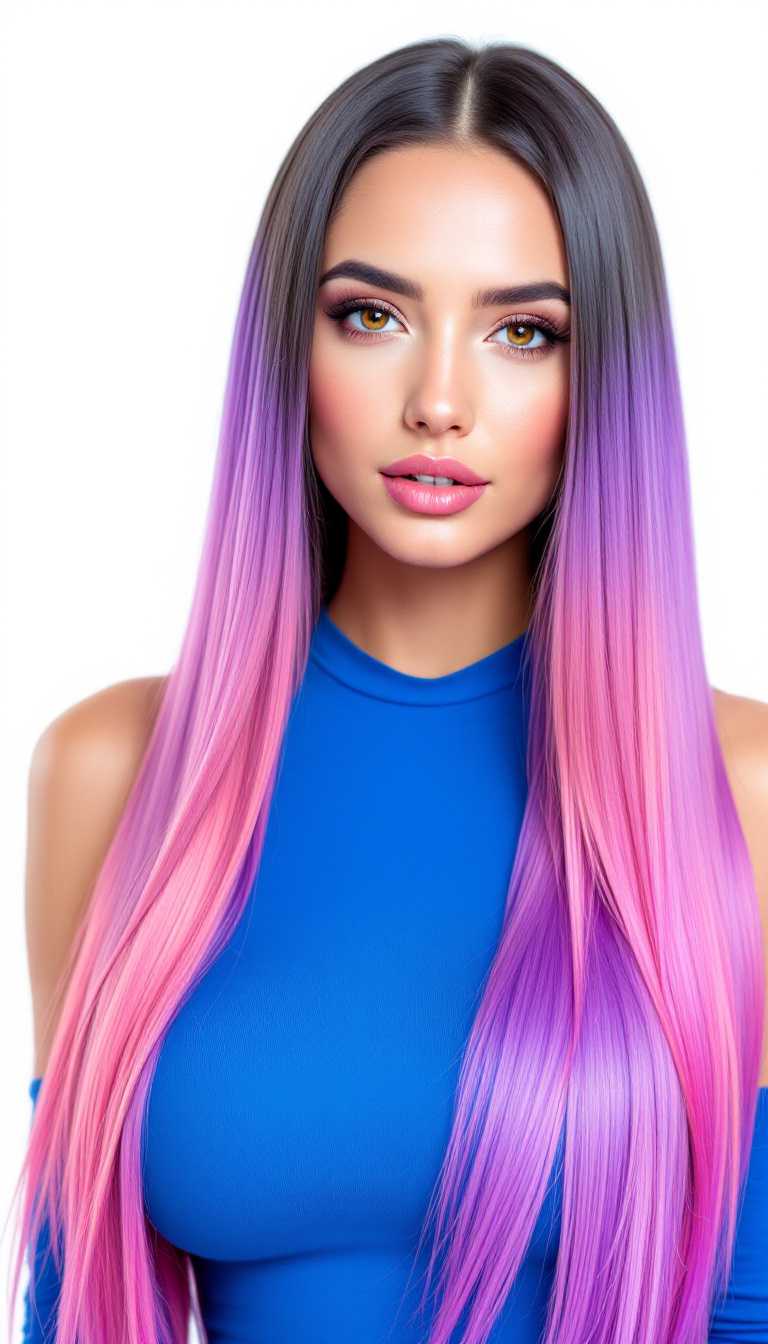 Female model, beautiful face, eyes, nose, lips,large bust,long straight glossy hair, pink,purple,hair, modern blue, outfit, white bright background, direct gaze at viewer, portrait, professional photo, waist-up, bright studio light, high resolution, upbeta

