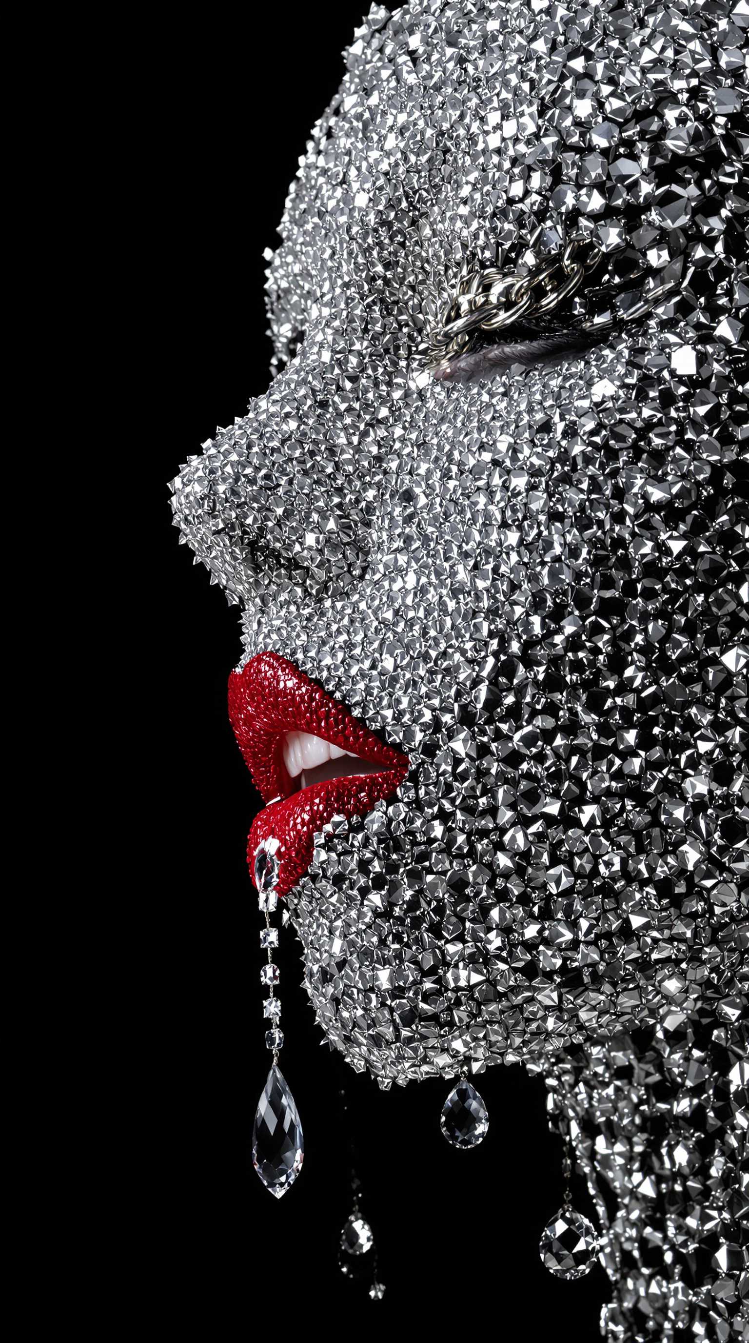 A symmetrical face with red lipstick, the head is covered in chains and diamonds. Hanging from its mouth are crystal drops dripping down her chin, against a black background. Photo-realistic techniques create a shiny, glossy effect. In the style of Patrick Demarchelier, this image embodies a glittercore, y2k aesthetic with oversized objects.

