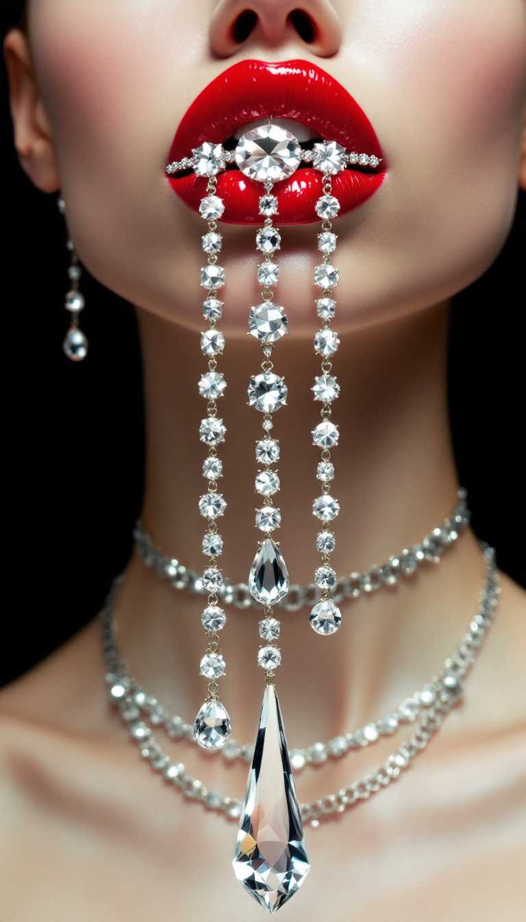 A symmetrical face with red lipstick, the head is covered in chains and diamonds. Hanging from its mouth are crystal drops dripping down her chin, against a black background. Photo-realistic techniques create a shiny, glossy effect. In the style of Patrick Demarchelier, this image embodies a glittercore, y2k aesthetic with oversized objects.

