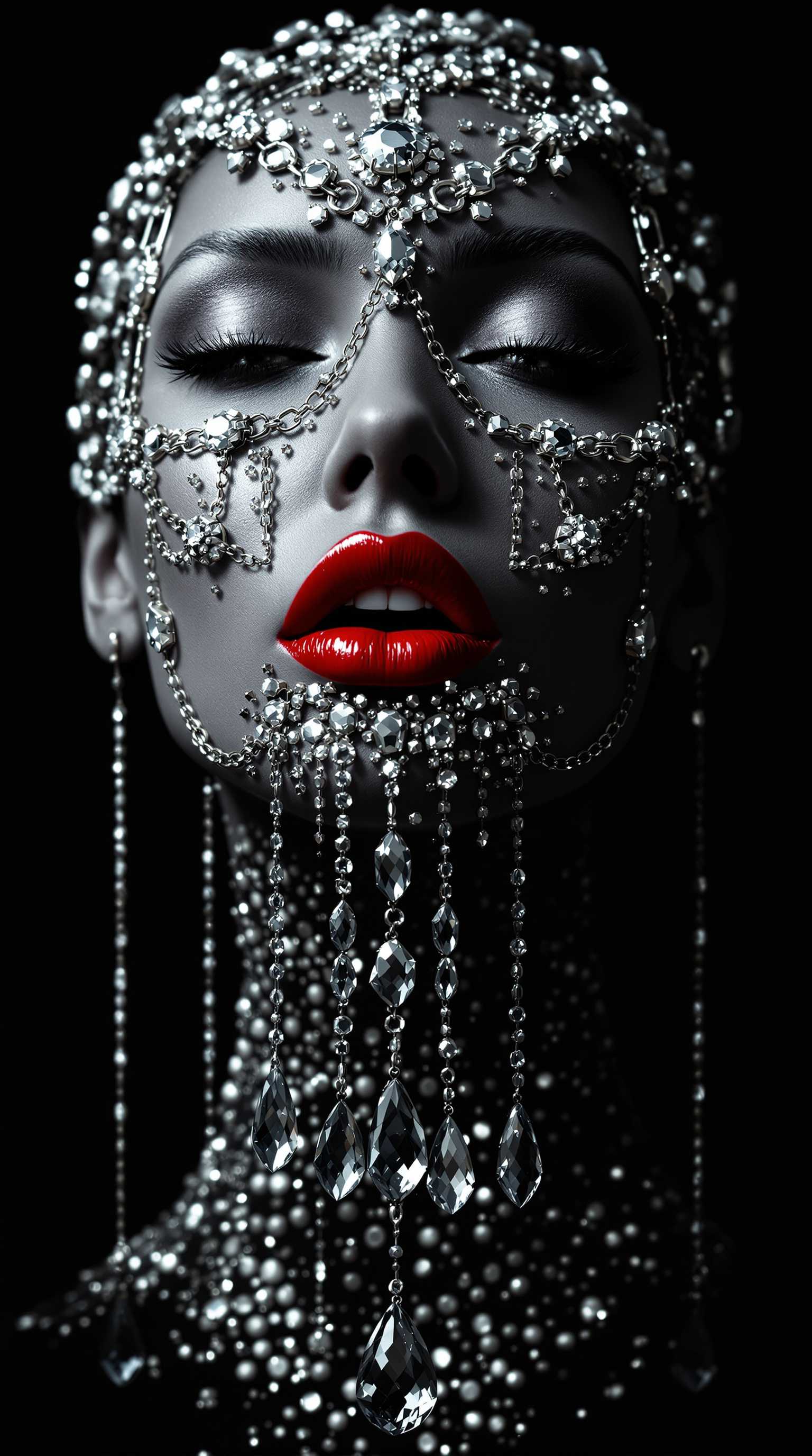 A symmetrical face with red lipstick, the head is covered in chains and diamonds. Hanging from its mouth are crystal drops dripping down her chin, against a black background. Photo-realistic techniques create a shiny, glossy effect. In the style of Patrick Demarchelier, this image embodies a glittercore, y2k aesthetic with oversized objects.

