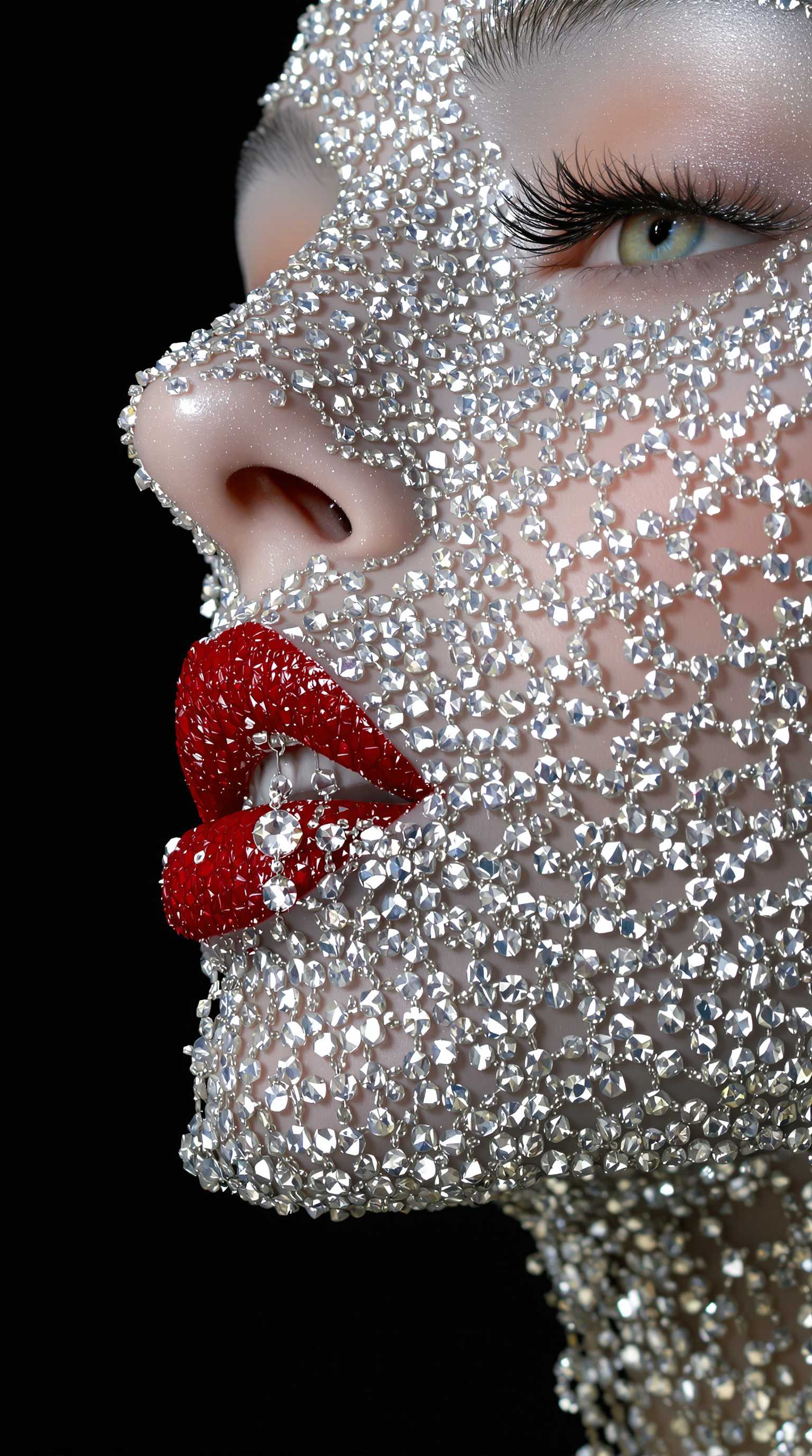 A symmetrical face with red lipstick, the head is covered in chains and diamonds. Hanging from its mouth are crystal drops dripping down her chin, against a black background. Photo-realistic techniques create a shiny, glossy effect. In the style of Patrick Demarchelier, this image embodies a glittercore, y2k aesthetic with oversized objects.

