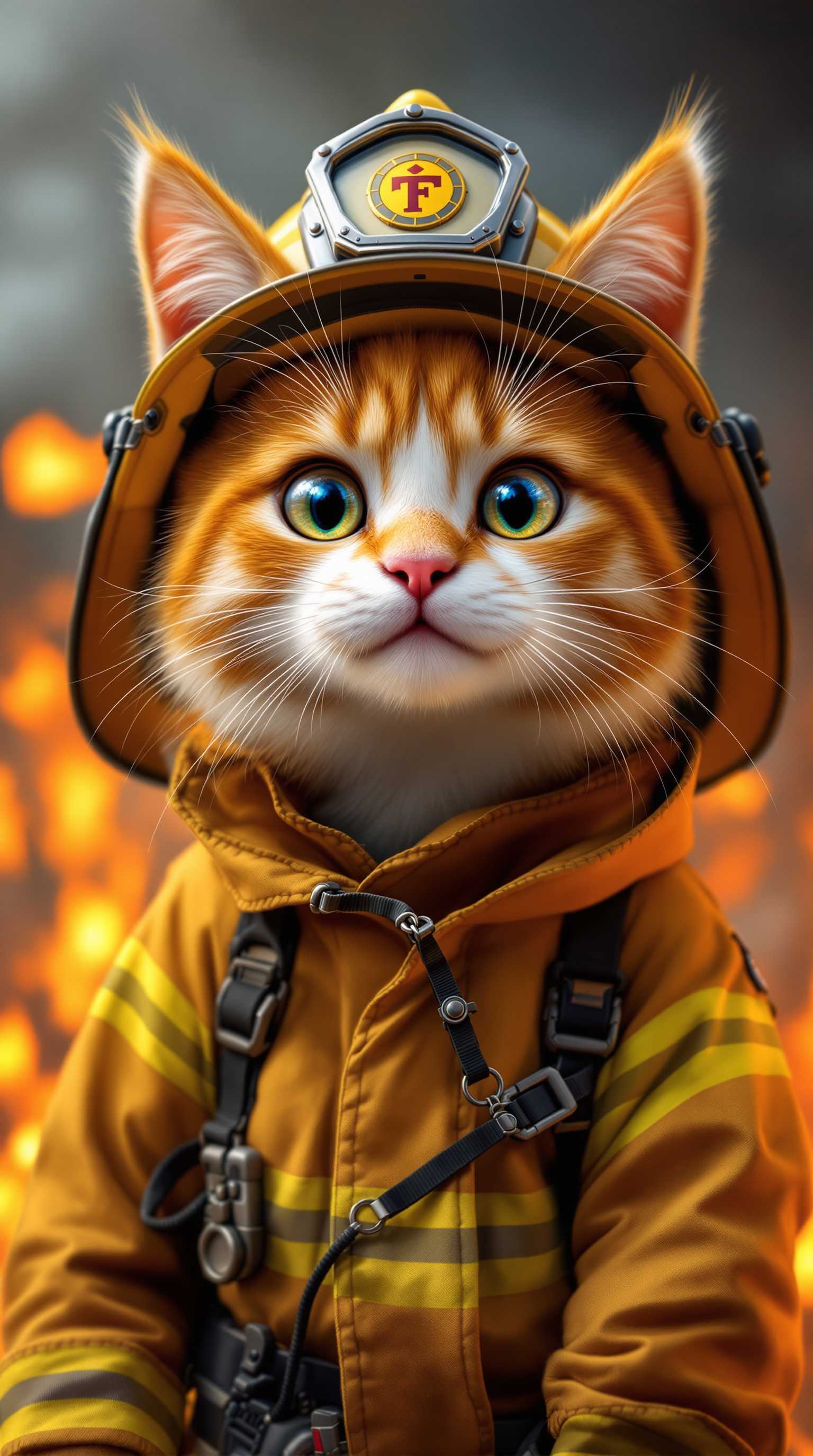 Anthropomorphic cat firefighter, orange and white fur, wearing firefighter uniform, helmet, determined expression, eyes filled with courage, fearless, background of flames and smoke, 9:16 aspect ratio, high resolution, rich details, suitable for current YouTube trends.

