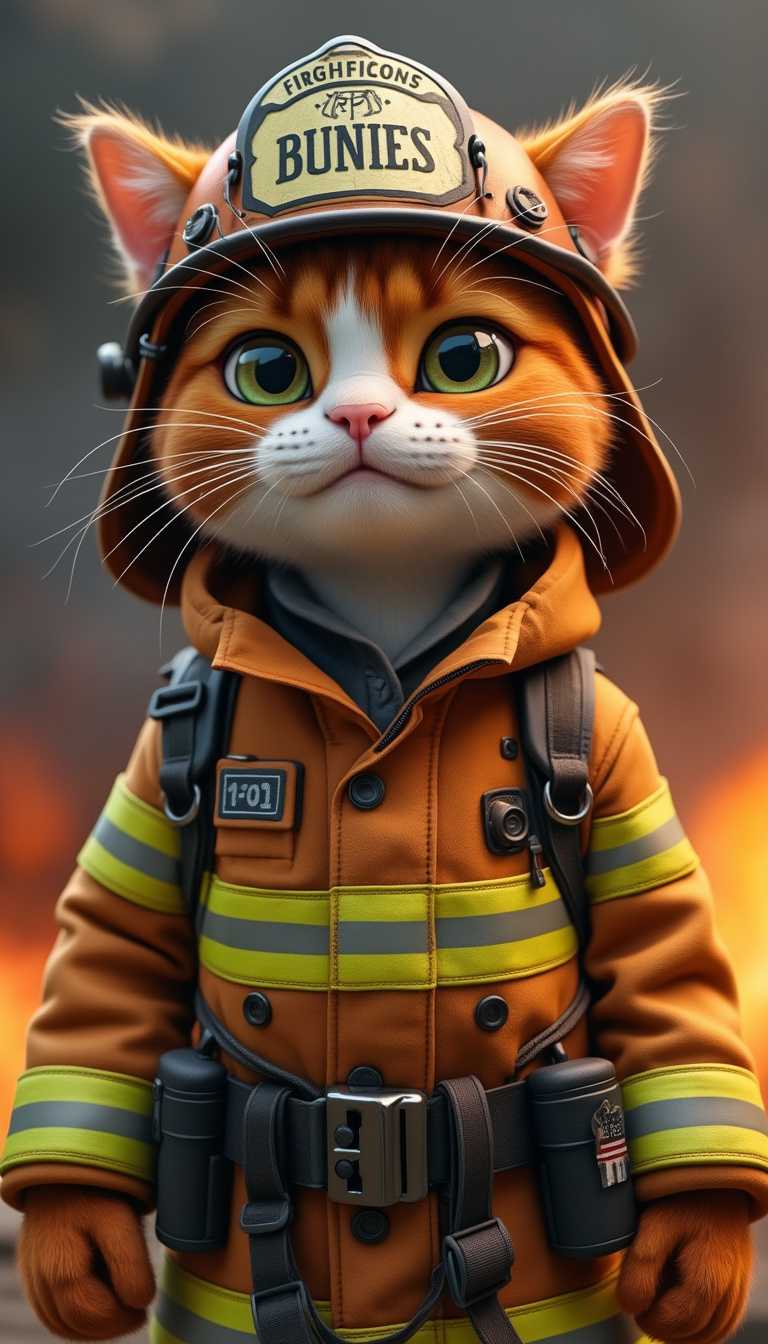 Anthropomorphic cat firefighter, orange and white fur, wearing firefighter uniform, helmet, determined expression, eyes filled with courage, fearless, background of flames and smoke, 9:16 aspect ratio, high resolution, rich details, suitable for current YouTube trends.

