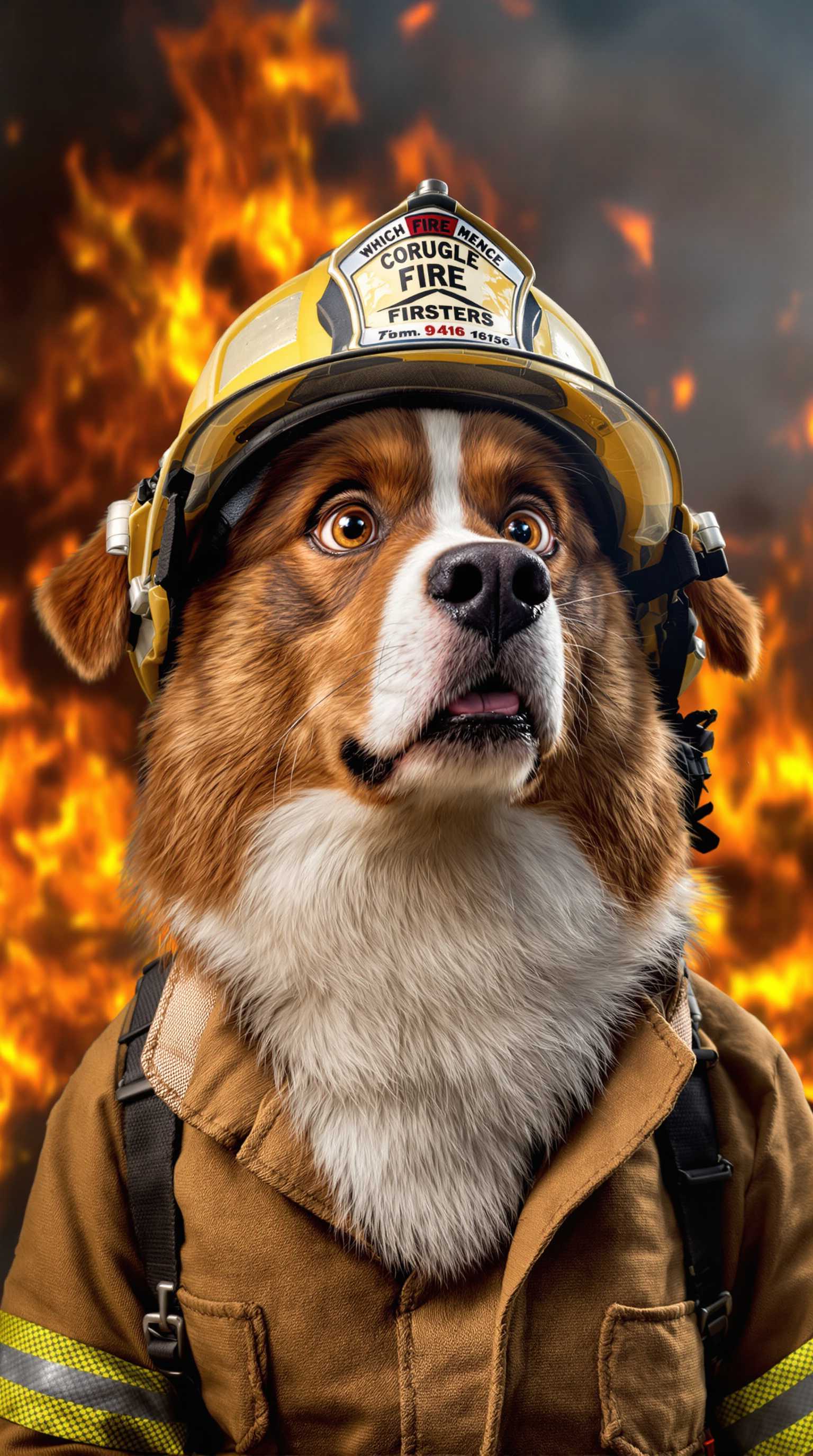 Anthropomorphic dog firefighter, brown and white fur, wearing firefighter uniform, helmet, determined expression, eyes filled with courage, fearless, background of flames and smoke, 9:16 aspect ratio, high resolution, rich details, suitable for current YouTube trends.

