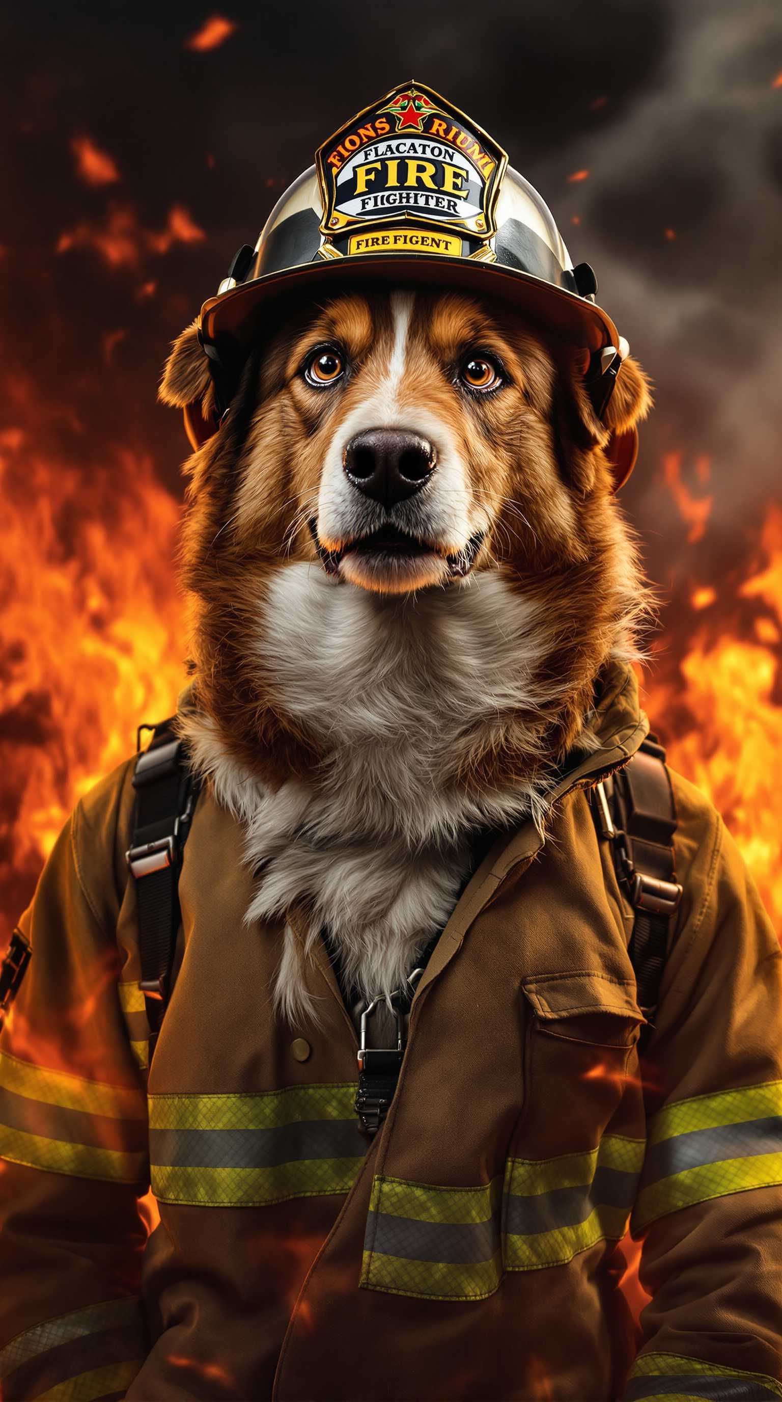 Anthropomorphic dog firefighter with brown and white fur is depicted in high resolution, capturing rich and intricate details. Dressed in a traditional firefighter uniform complete with a shiny helmet, this valiant dog radiates a determined expression, its eyes filled with courage and fearlessness. The scene is dynamically composed with the dog standing bravely at the forefront against a vivid backdrop of swirling flames and dense smoke. The fiery background is illuminated with warm tones and dramatic lighting, highlighting the intricate textures of the dog's fur and uniform. Shot from a low angle to emphasize the dog's heroism, this image evokes a sense of bravery amidst chaos, with a focus on realism and depth.