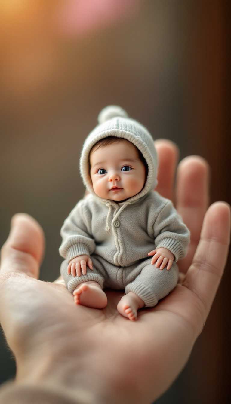 32k, UHD, photography, a beautiful portrait of a human right hand, with a very small Japanese baby dressed in baby clothes sitting on the hand, that Japanese baby is 3cm long, beautiful photo, super dynamic angle, beautiful soft light and shadow like product photography, during the day, blurred background, depicted like a real human


