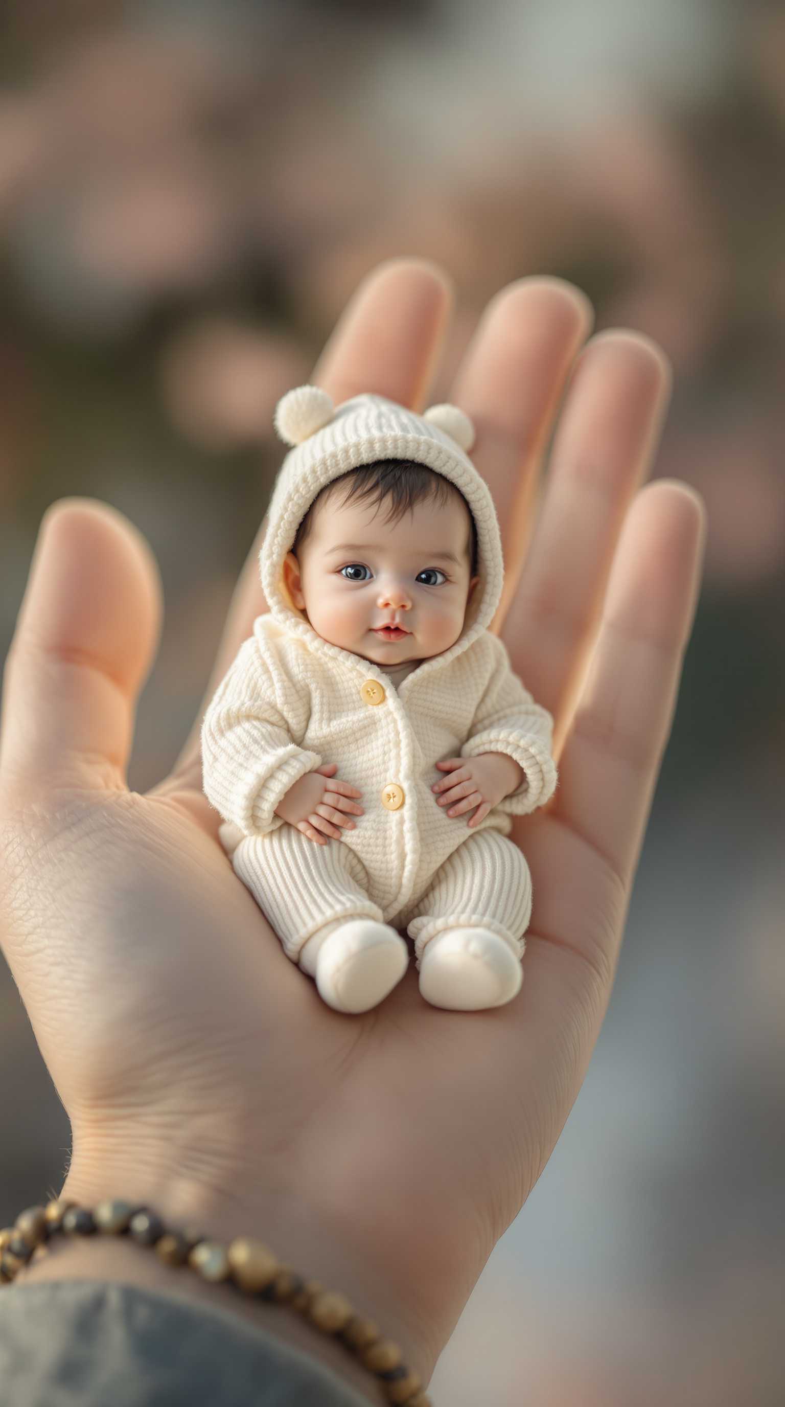 32k, UHD, photography, a beautiful portrait of a human right hand, with a very small Japanese baby dressed in baby clothes sitting on the hand, that Japanese baby is 5cm long, beautiful photo, super dynamic angle, beautiful soft light and shadow like product photography, during the day, blurred background, depicted like a real human


