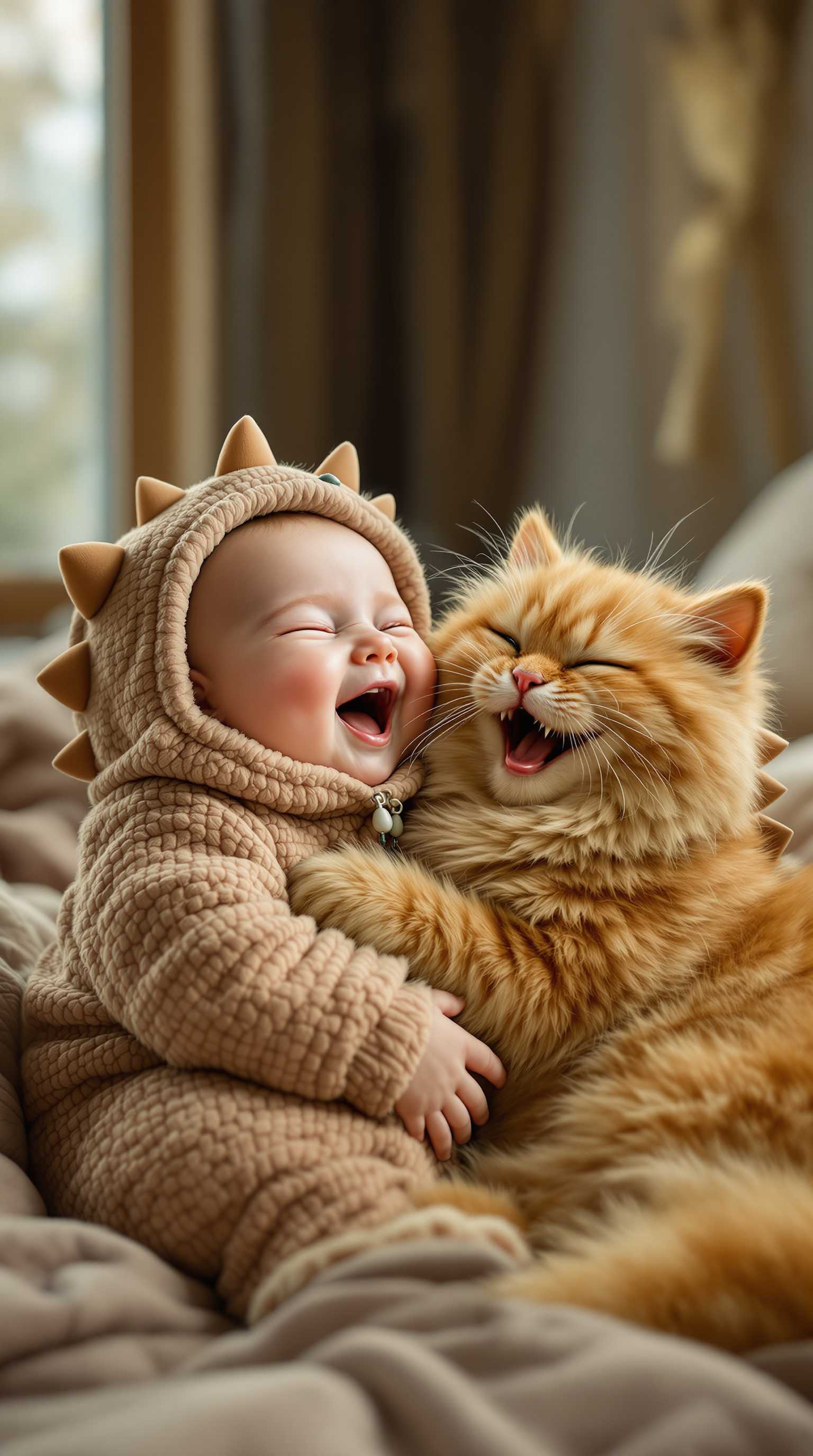 A highly realistic, heartwarming photograph featuring an adorable, chubby baby with an extremely round, plump face, full of soft, chubby cheeks, giving an extra baby-fat effect. The baby is sitting on a cozy bed, hugging an exceptionally large, fluffy, orange Pallas’s cat (Manul) with no visible teeth, a round face, and very dense, soft fur that appears irresistibly cute and clumsy. The baby is dressed in a cute little dinosaur outfit with a matching headpiece featuring small dino spikes, adding a playful touch to the scene. Both the baby and the Pallas’s cat are joyfully laughing with wide-open mouths, sharing a moment of pure happiness and innocence. Soft, warm natural light streams through a large window in the blurred background, creating a cozy and tender atmosphere that enhances the shared laughter and warmth in the image.


