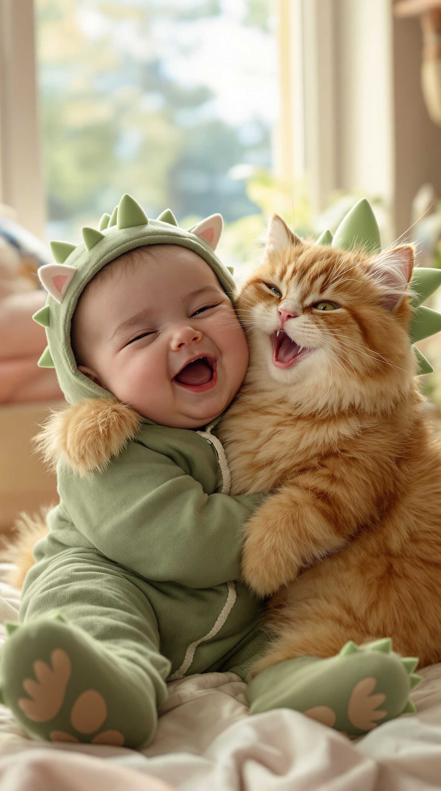 A highly realistic, heartwarming photograph featuring an adorable, chubby baby with an extremely round, plump face, full of soft, chubby cheeks, giving an extra baby-fat effect. The baby is sitting on a cozy bed, hugging an exceptionally large, fluffy, orange Pallas’s cat (Manul) with no visible teeth, a round face, and very dense, soft fur that appears irresistibly cute and clumsy. The baby is dressed in a cute little green dinosaur outfit with a matching headpiece featuring small dino spikes, adding a playful touch to the scene. Both the baby and the Pallas’s cat are joyfully laughing with wide-open mouths, sharing a moment of pure happiness and innocence. Soft, warm natural light streams through a large window in the blurred background, creating a cozy and tender atmosphere that enhances the shared laughter and warmth in the image.

