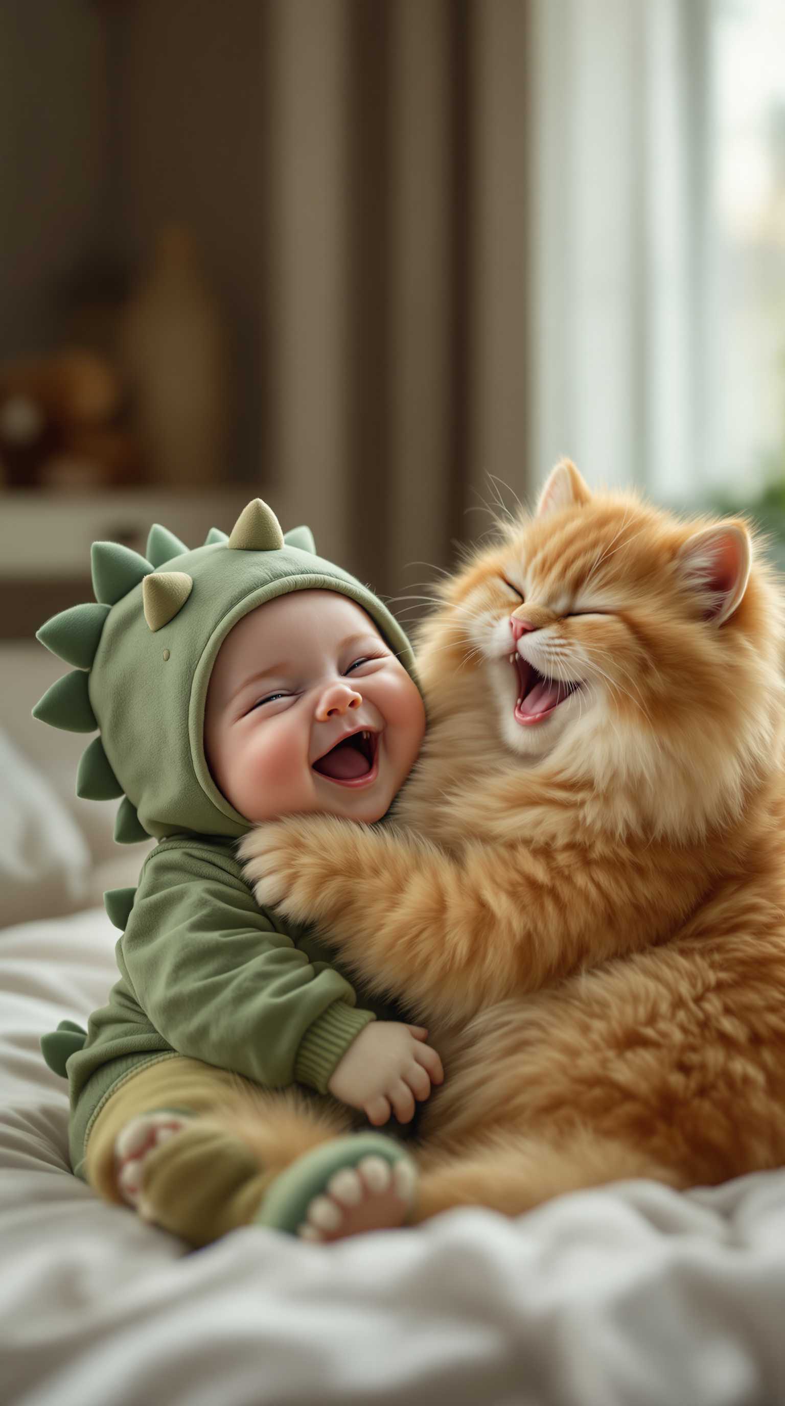 A highly realistic, heartwarming photograph featuring an adorable, chubby baby with an extremely round, plump face, full of soft, chubby cheeks, giving an extra baby-fat effect. The baby is sitting on a cozy bed, hugging an exceptionally large, fluffy, orange Pallas’s cat (Manul) with no visible teeth, a round face, and very dense, soft fur that appears irresistibly cute and clumsy. The baby is dressed in a cute little green dinosaur outfit with a matching headpiece featuring small dino spikes, adding a playful touch to the scene. Both the baby and the Pallas’s cat are joyfully laughing with wide-open mouths, sharing a moment of pure happiness and innocence. Soft, warm natural light streams through a large window in the blurred background, creating a cozy and tender atmosphere that enhances the shared laughter and warmth in the image.

