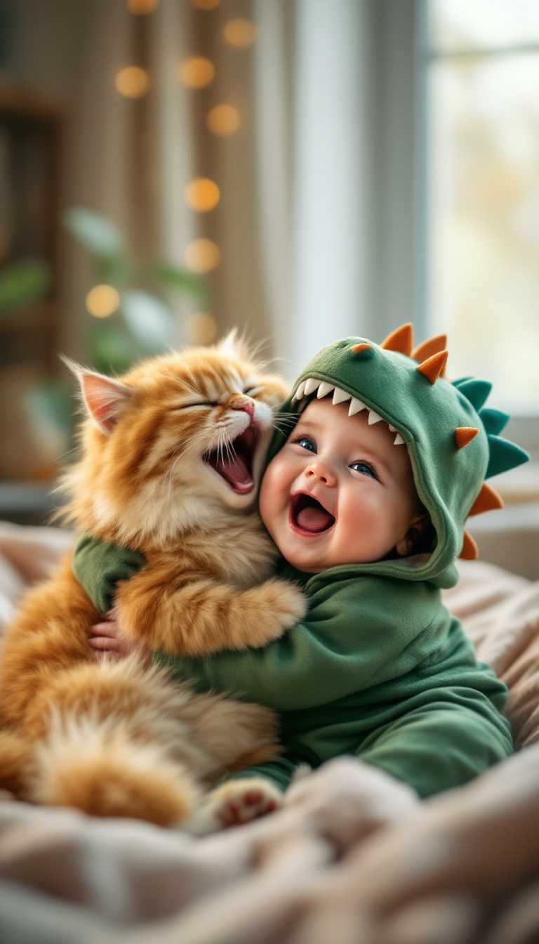 A highly realistic, heartwarming photograph featuring an adorable, chubby baby with an extremely round, plump face, full of soft, chubby cheeks, giving an extra baby-fat effect. The baby is sitting on a cozy bed, hugging an exceptionally large, fluffy, orange Pallas’s cat (Manul) with no visible teeth, a round face, and very dense, soft fur that appears irresistibly cute and clumsy. The baby is dressed in a cute little green dinosaur outfit with a matching headpiece featuring small dino spikes, adding a playful touch to the scene. Both the baby and the Pallas’s cat are joyfully laughing with wide-open mouths, sharing a moment of pure happiness and innocence. Soft, warm natural light streams through a large window in the blurred background, creating a cozy and tender atmosphere that enhances the shared laughter and warmth in the image.

