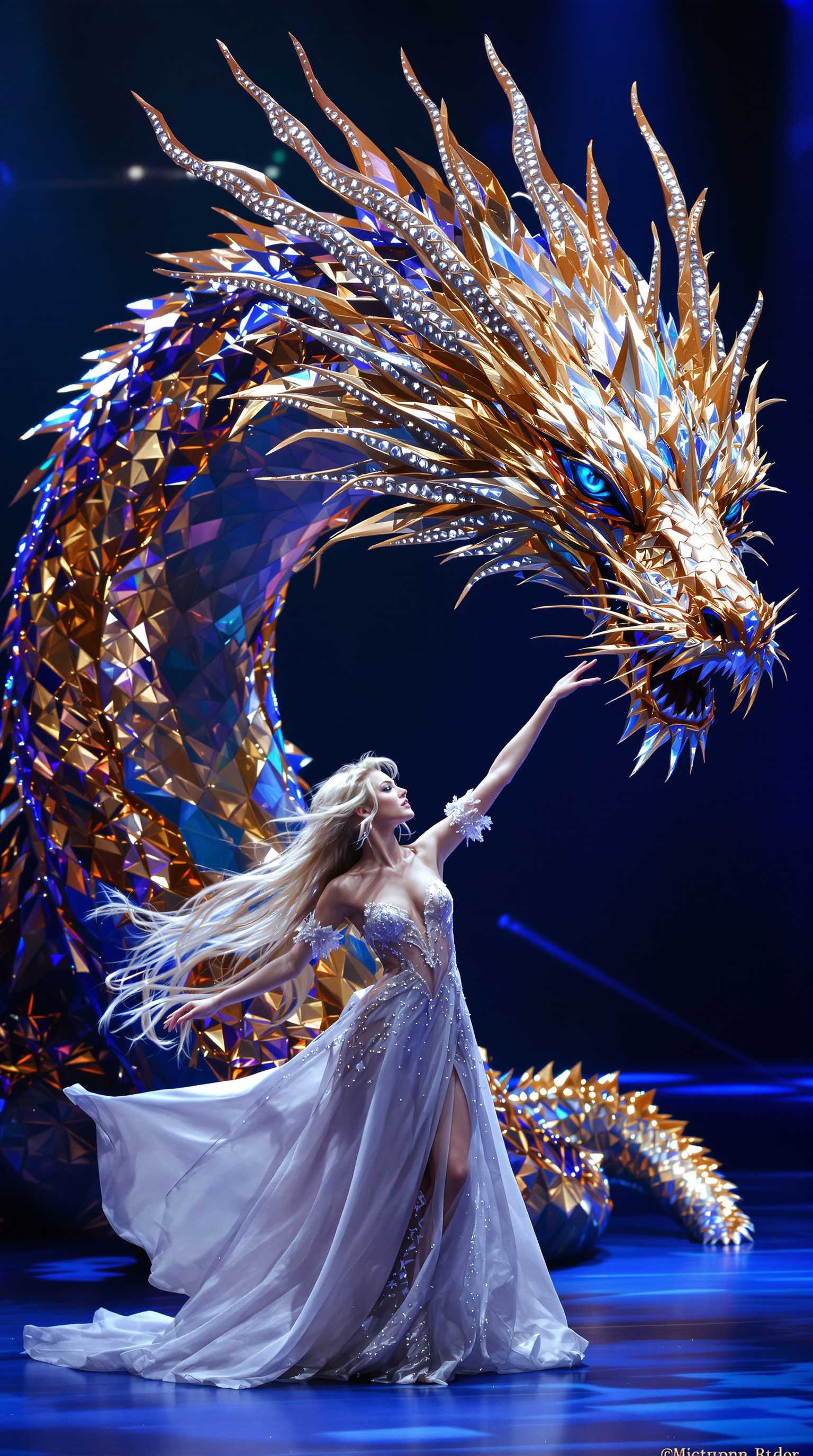 A beautiful woman with long blonde hair and blue eyes in elegant dress dancing next to a grand dragon,with diamond scales,fantasy style,facing the camera,bright blue stage,high saturation,high resolution,full body shot, bright light, detailed, realistic,shot on canon a7c2

