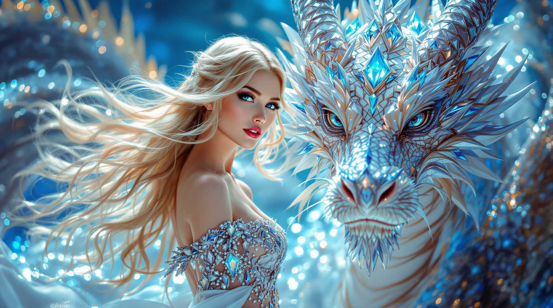 A stunning scene captures a beautiful woman with long, flowing blonde hair and striking blue eyes,large bust, elegantly dancing beside a majestic dragon adorned with shimmering diamond scales. The woman wears an exquisite dress that complements the dragon's grandeur. Both subjects face the camera in a captivating full-body shot. The setting is a vibrant, fantastical blue stage with high saturation, enhancing the scene's dreamlike quality. Bathed in bright light, the shot reveals intricate textures and details, creating a realistic, immersive atmosphere. Captured with the precision of a Canon A7C2, this high-resolution image presents a stunning blend of elegance and mythical splendor, offering a dazzling portrayal of beauty and fantasy.
