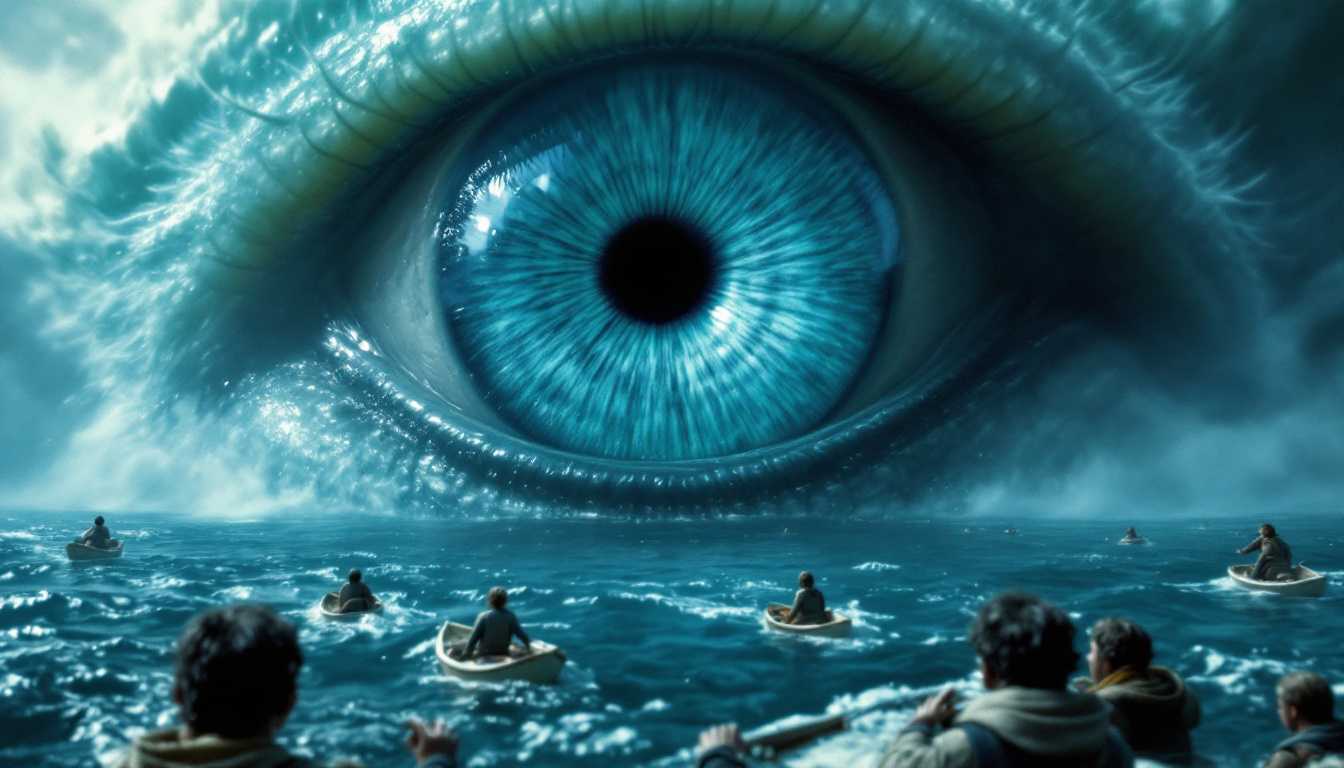 In the movie scene, there is an eye-shaped sea monster in front of "a giant blue eye with water", and it's watching from above as if looking at small ships passing by. The visual effect conveys its power to frightened sailors on top of their boats. This moment captures both fear and awe within a cinematic setting.

