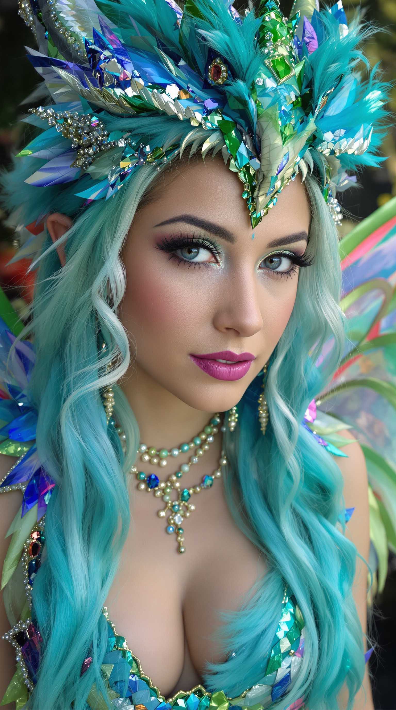 Realistic medium shot photo, fairy girl, 26 years old in a dragon costume, very bright juicy colors, light Blue, deep Blue, turquoise, Green, Sequins, Rhinestones, glitter.

