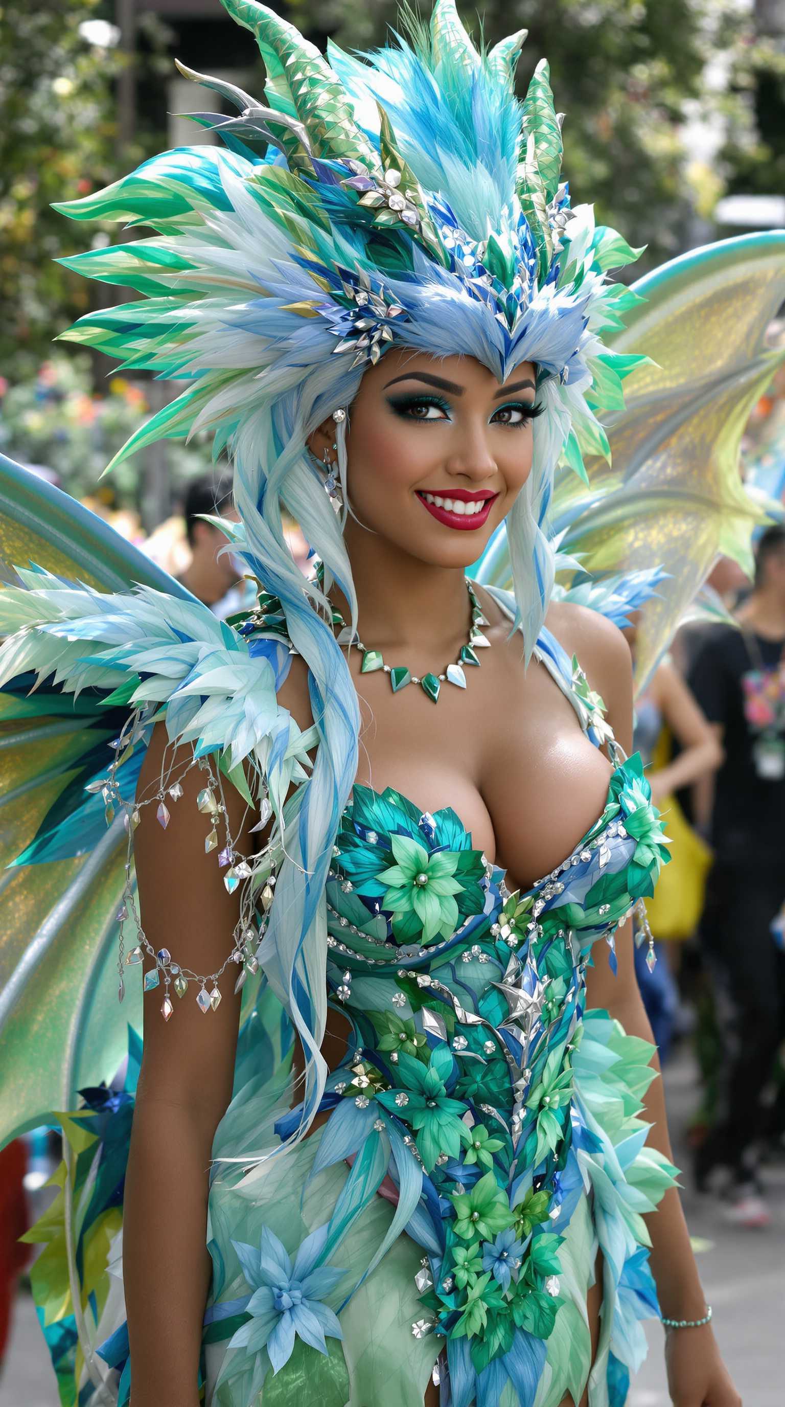Realistic medium shot photo, fairy girl, large bust,light brown skin, 26 years old in a dragon costume, very bright juicy colors, light Blue, deep Blue, turquoise, Green, Sequins, Rhinestones, glitter.

