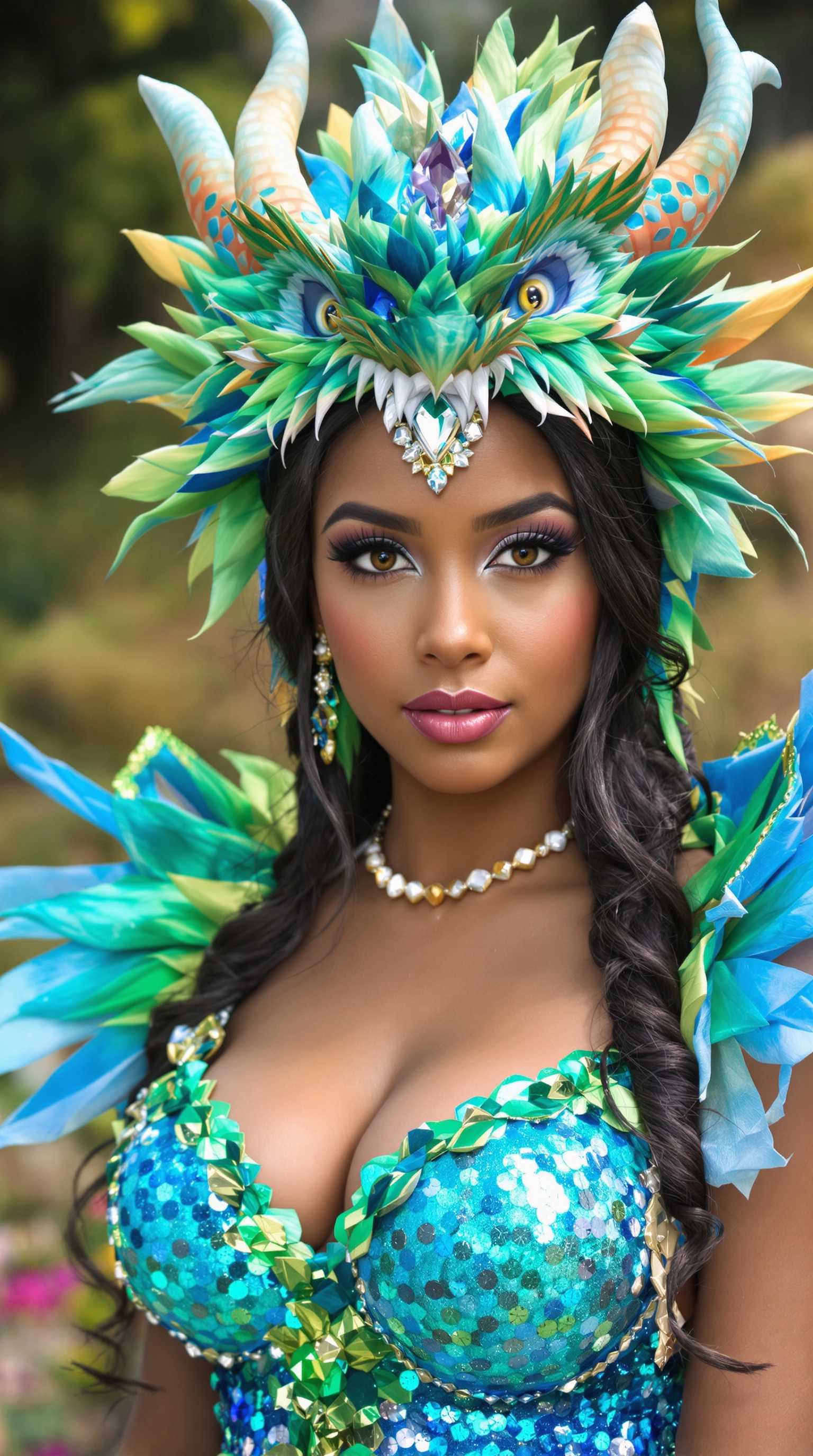 Realistic medium shot photo, fairy girl, large bust,light brown skin,brown eyes,26 years old in a dragon costume, very bright juicy colors, light Blue, deep Blue, turquoise, Green, Sequins, Rhinestones, glitter.

