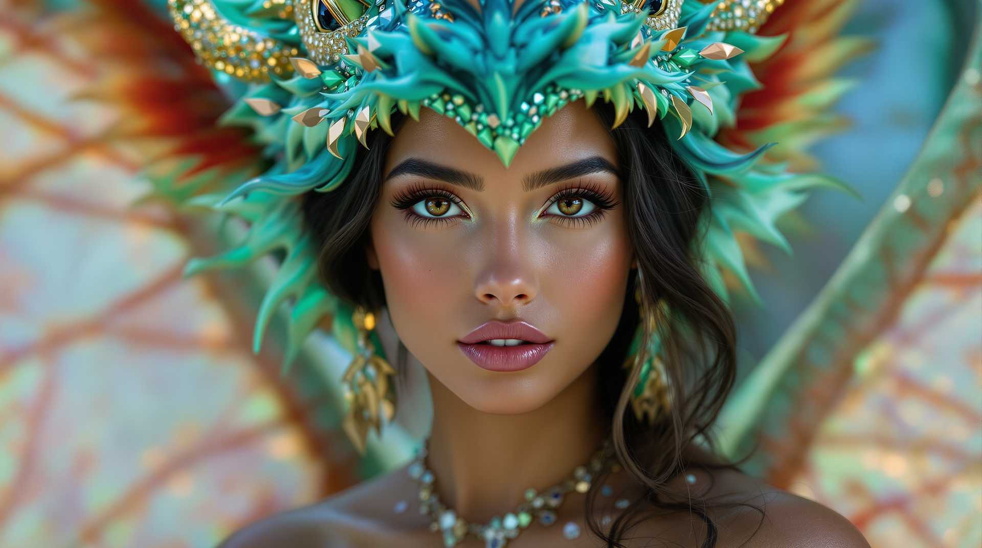 Realistic medium shot photo, fairy girl, large bust,light brown skin,brown eyes,26 years old in a dragon costume, very bright juicy colors, light Blue, deep Blue, turquoise, Green, Sequins, Rhinestones, glitter.

