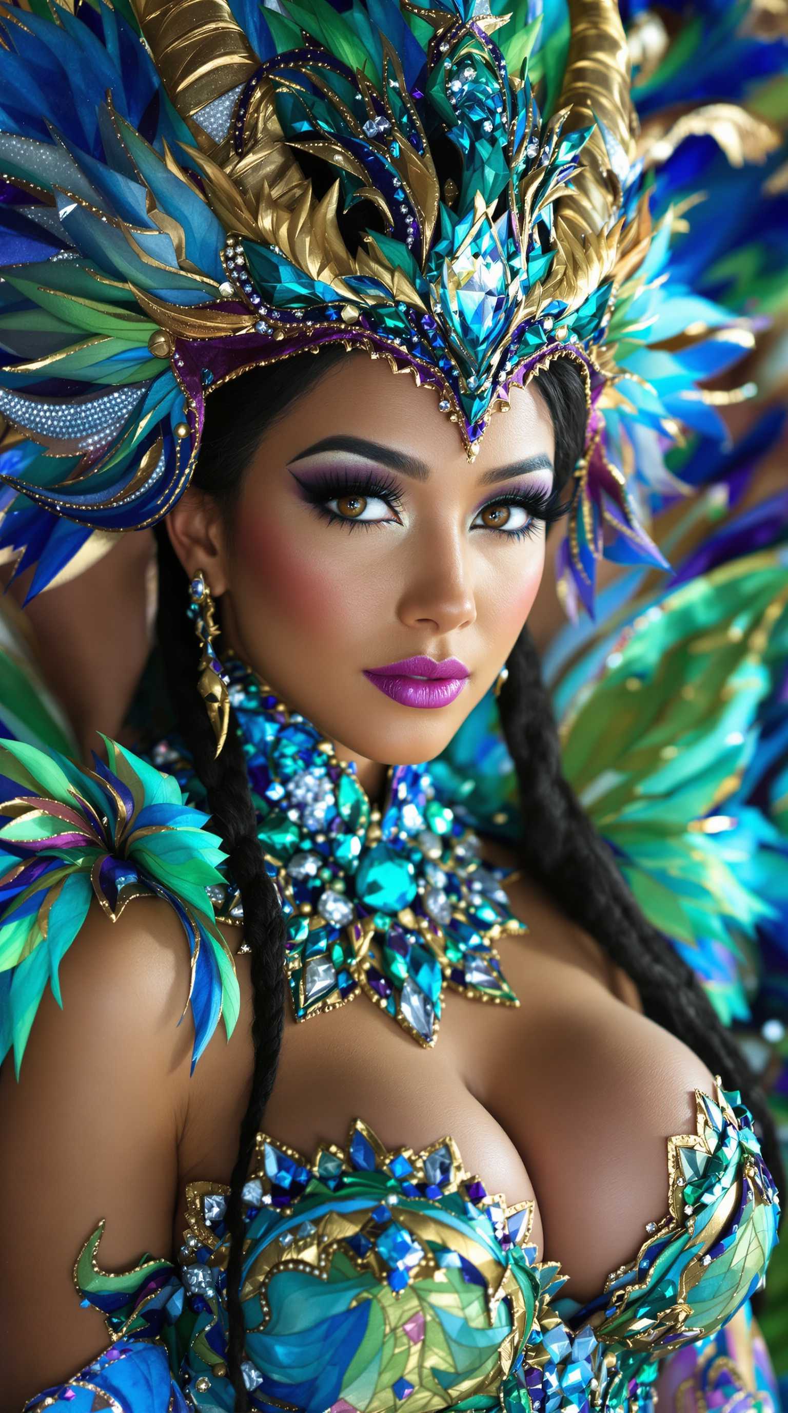 A realistic medium shot photograph of a 26-year-old fairy girl adorned in an elaborate dragon costume. Her light brown skin and warm brown eyes give her a captivating presence. The outfit is a kaleidoscope of very bright, juicy colors, with light blue, deep blue, turquoise, and vivid green blending harmoniously. Intricate details include shimmering sequins, rhinestones, and glitter that catch the light, creating a sparkling effect. The costume embellishments are complemented by the fairy's large, expressive bust. The composition captures her from a slightly elevated angle, with the background softly blurred to ensure she stands out, enhancing the dreamy atmosphere. The lighting is vibrant, illuminating her features and emphasizing the rich textures of the costume, resulting in a magical and captivating image.