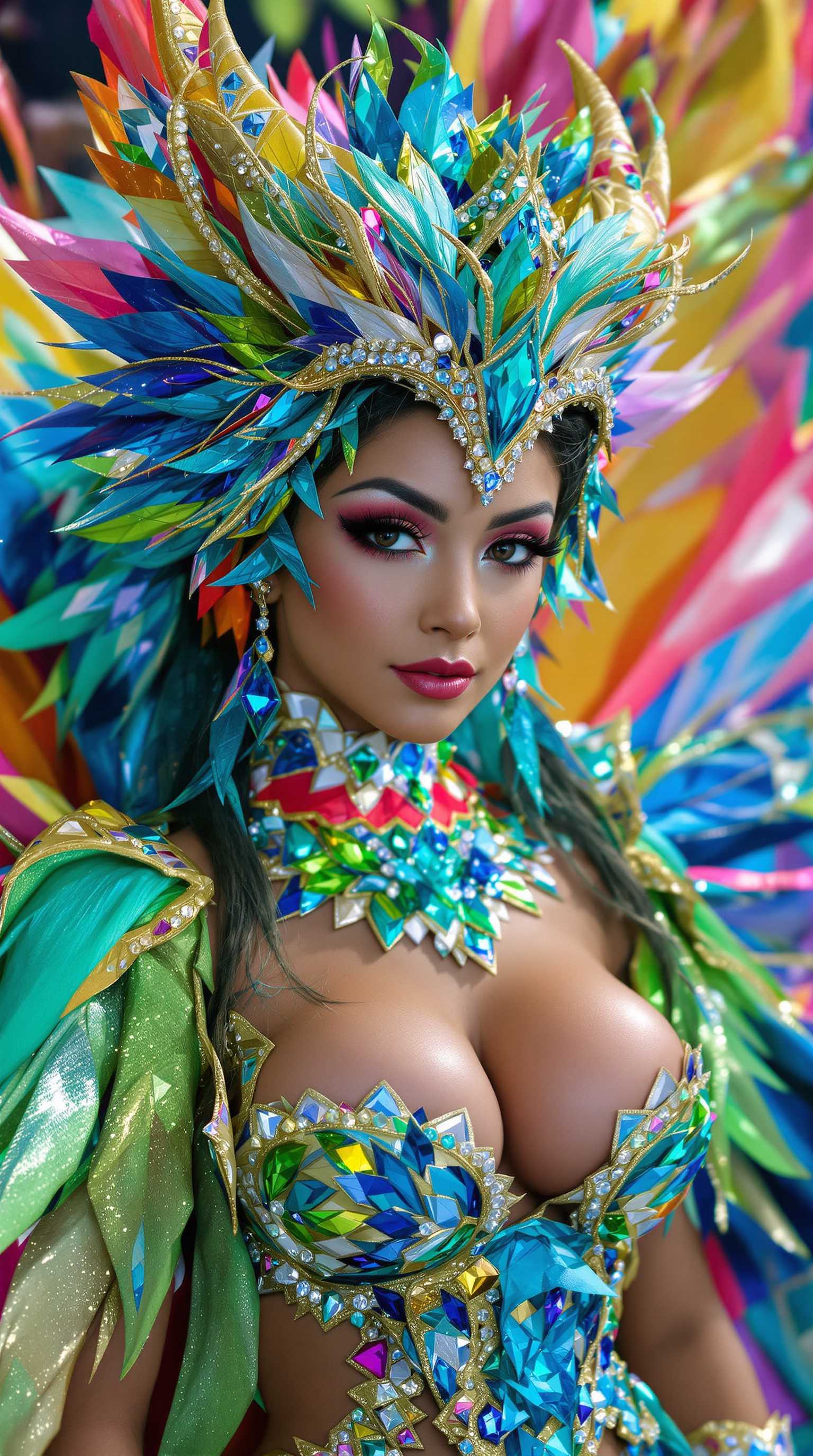 A realistic medium shot photograph of a 26-year-old fairy girl adorned in an elaborate dragon costume. Her light brown skin and warm brown eyes give her a captivating presence. The outfit is a kaleidoscope of very bright, juicy colors, with light blue, deep blue, turquoise, and vivid green blending harmoniously. Intricate details include shimmering sequins, rhinestones, and glitter that catch the light, creating a sparkling effect. The costume embellishments are complemented by the fairy's large, expressive bust. The composition captures her from a slightly elevated angle, with the background softly blurred to ensure she stands out, enhancing the dreamy atmosphere. The lighting is vibrant, illuminating her features and emphasizing the rich textures of the costume, resulting in a magical and captivating image.