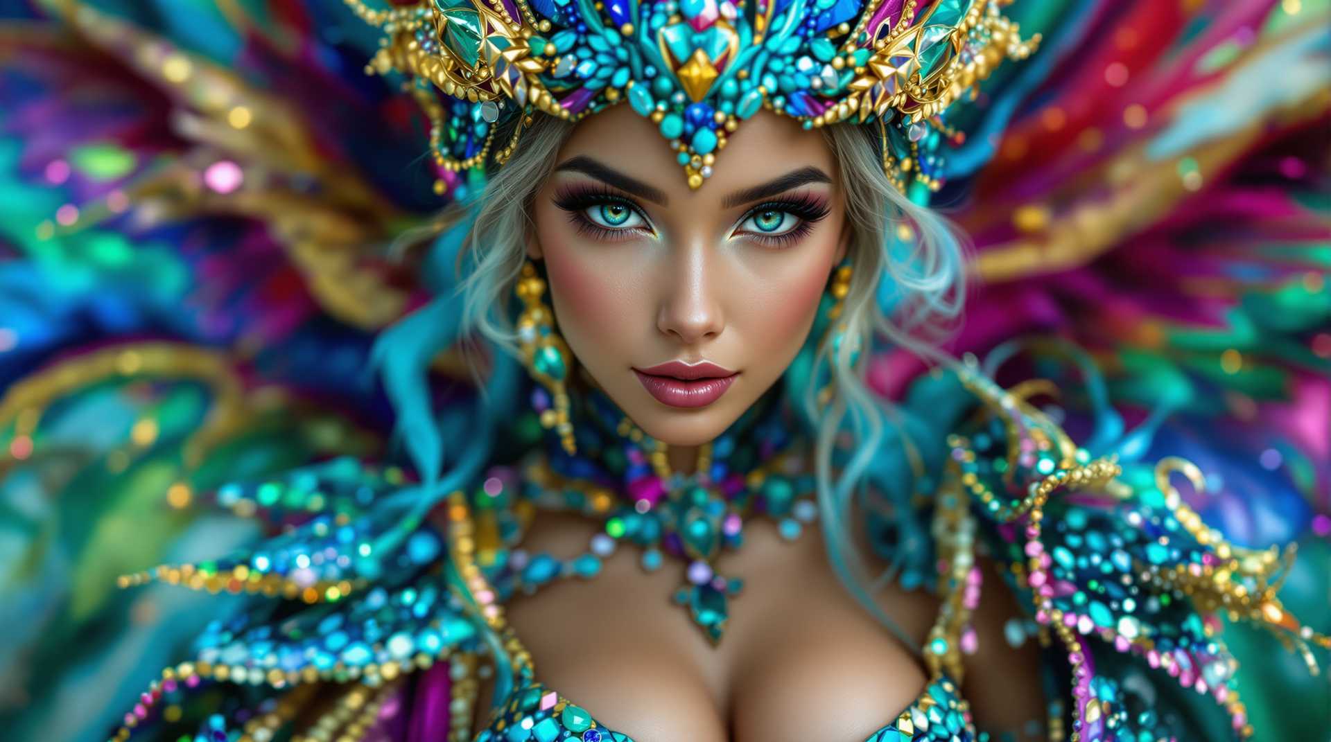 A realistic medium shot photograph of a 24-year-old fairy girl adorned in an elaborate dragon costume. Her light brown skin and warm blue eyes give her a captivating presence. The outfit is a kaleidoscope of very bright, juicy colors, with light blue, deep blue, turquoise, and vivid green blending harmoniously. Intricate details include shimmering sequins, rhinestones, and glitter that catch the light, creating a sparkling effect. The costume embellishments are complemented by the fairy's large, expressive bust. The composition captures her from a slightly elevated angle, with the background softly blurred to ensure she stands out, enhancing the dreamy atmosphere. The lighting is vibrant, illuminating her features and emphasizing the rich textures of the costume, resulting in a magical and captivating image.