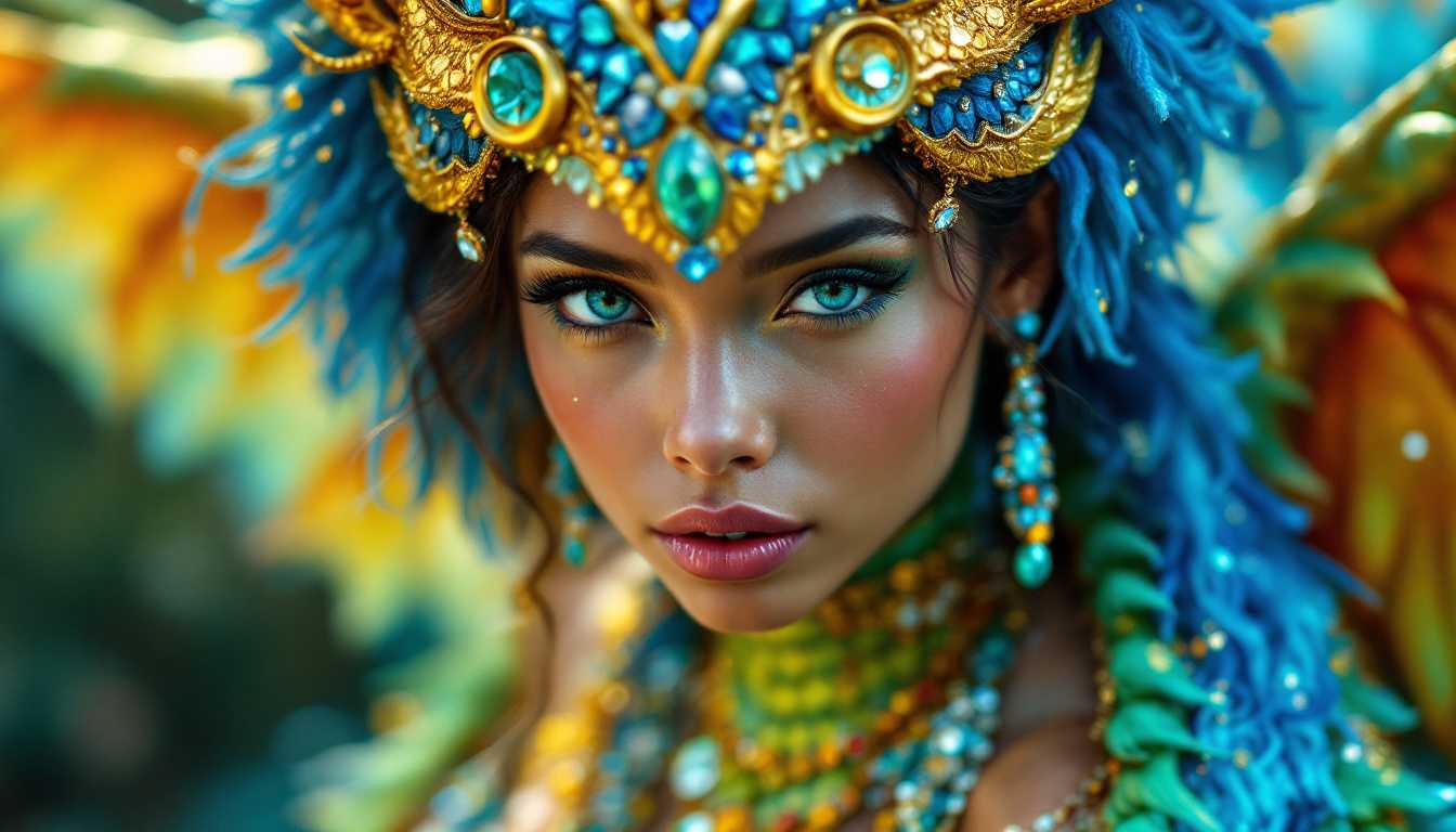 A realistic medium shot photograph of a 24-year-old fairy girl adorned in an elaborate dragon costume. Her light brown skin and warm blue eyes give her a captivating presence. The outfit is a kaleidoscope of very bright, juicy colors, with light blue, deep blue, turquoise, and vivid green blending harmoniously. Intricate details include shimmering sequins, rhinestones, and glitter that catch the light, creating a sparkling effect. The costume embellishments are complemented by the fairy's large, expressive bust. The composition captures her from a slightly elevated angle, with the background softly blurred to ensure she stands out, enhancing the dreamy atmosphere. The lighting is vibrant, illuminating her features and emphasizing the rich textures of the costume, resulting in a magical and captivating image.