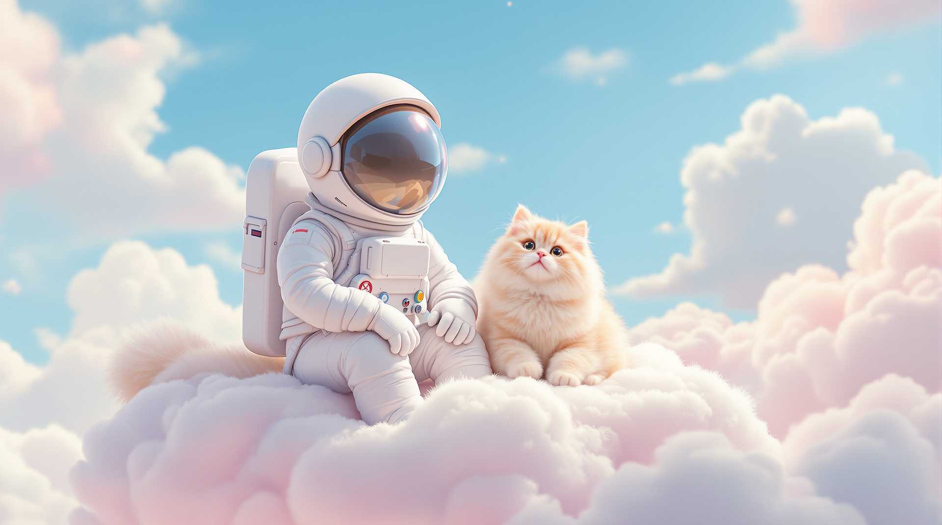 A astronaut and a fluffy cat sitting on a fluffy cloud in the sky, with a cheerful pastel background. The sky should be bright blue and fluffy with soft white clouds.

