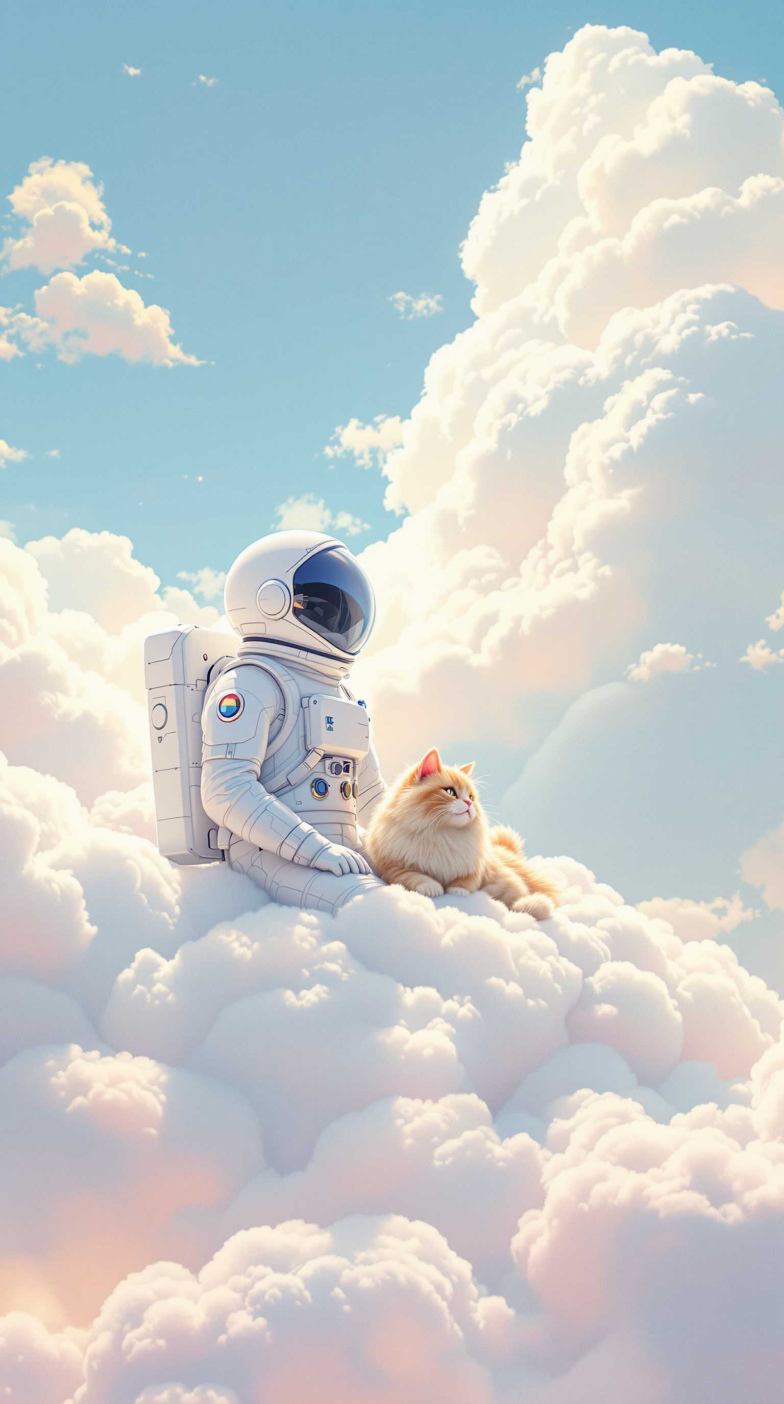 Title: "Astronaut and Cat on a Cloud"

Description: A whimsical scene featuring an astronaut and a fluffy cat sitting side by side on an oversized, fluffy cloud. The astronaut, donned in a sleek, futuristic space suit, is gazing into the vast expanse, while the cat lounges contentedly next to them. The cloud beneath them is plush and billowy, with delicate textures to evoke a sense of softness and comfort. 

Style: Dreamlike illustration with pastel-colored hues, reminiscent of a children's storybook or surreal fantasy art.

Composition: The scene is captured from a slight upward angle, emphasizing the vastness of the sky and giving the viewer a sense of floating alongside the subjects. Both the astronaut and the cat are positioned slightly off-center to the right, creating a balanced composition with the expansive sky.

Visual Details:
- The astronaut's suit features reflective accents that catch the soft sunlight.
- The fluffy cat, with its long fur gently blowing in the breeze, adds a tactile quality to the scene.
- The background is a cheerful ensemble of pastel colors, primarily soft blue with hints of pink and yellow.

Mood and Atmosphere: The ambiance is serene and whimsical, evoking a sense of curiosity and wonder. The bright blue sky peppered with soft,