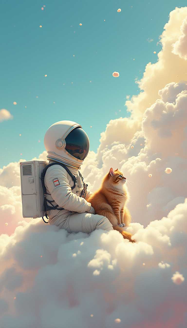 Astronaut and Cat on Clouds Surreal Space Art