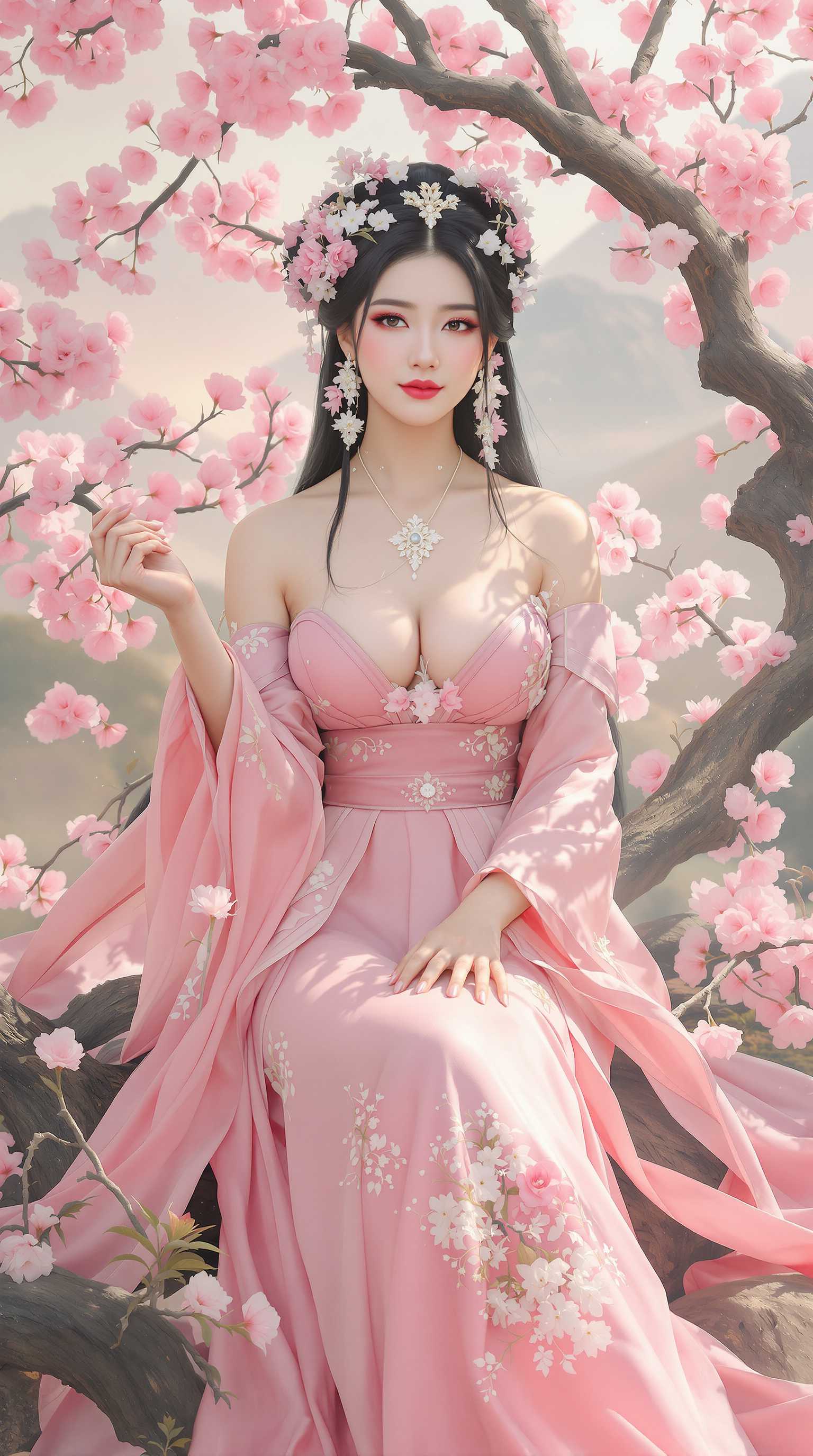 A mystical, graceful,spirit woman with large bust, wearing a flowing traditional pink dress, sitting among blooming cherry blossom branches. She has an elegant and ethereal expression, with delicate facial features and long, black hair adorned with intricate hairpins and floral accessories. The background features a dreamy, mountainous landscape bathed in soft light, with misty, pastel-colored hues enhancing the magical atmosphere.

