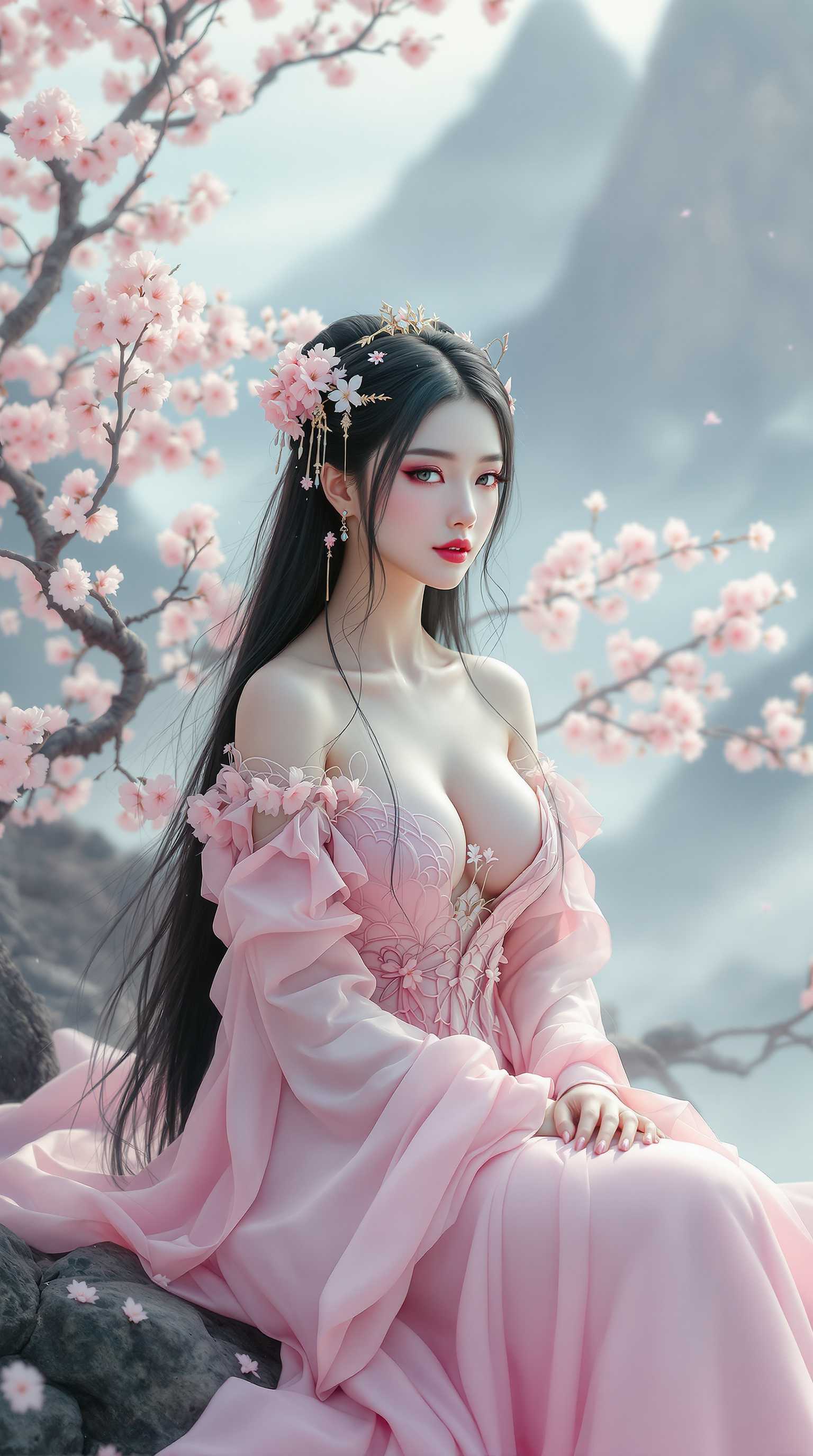 A mystical, graceful,spirit woman with large bust, wearing a flowing traditional pink dress, sitting among blooming cherry blossom branches. She has an elegant and ethereal expression, with delicate facial features and long, black hair adorned with intricate hairpins and floral accessories. The background features a dreamy, mountainous landscape bathed in soft light, with misty, pastel-colored hues enhancing the magical atmosphere.

