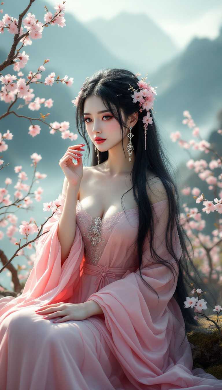 Elegant Asian Woman in Pink Dress with Flowers, Sitting in Nature