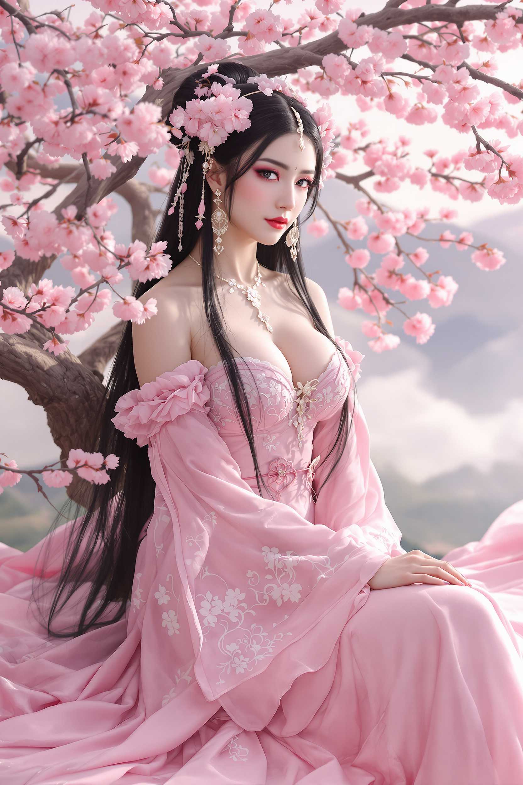 A mystical, graceful,spirit woman with large bust, wearing a flowing traditional pink dress, sitting among blooming cherry blossom branches. She has an elegant and ethereal expression, with delicate facial features and long, black hair adorned with intricate hairpins and floral accessories. The background features a dreamy, mountainous landscape bathed in soft light, with misty, pastel-colored hues enhancing the magical atmosphere.

