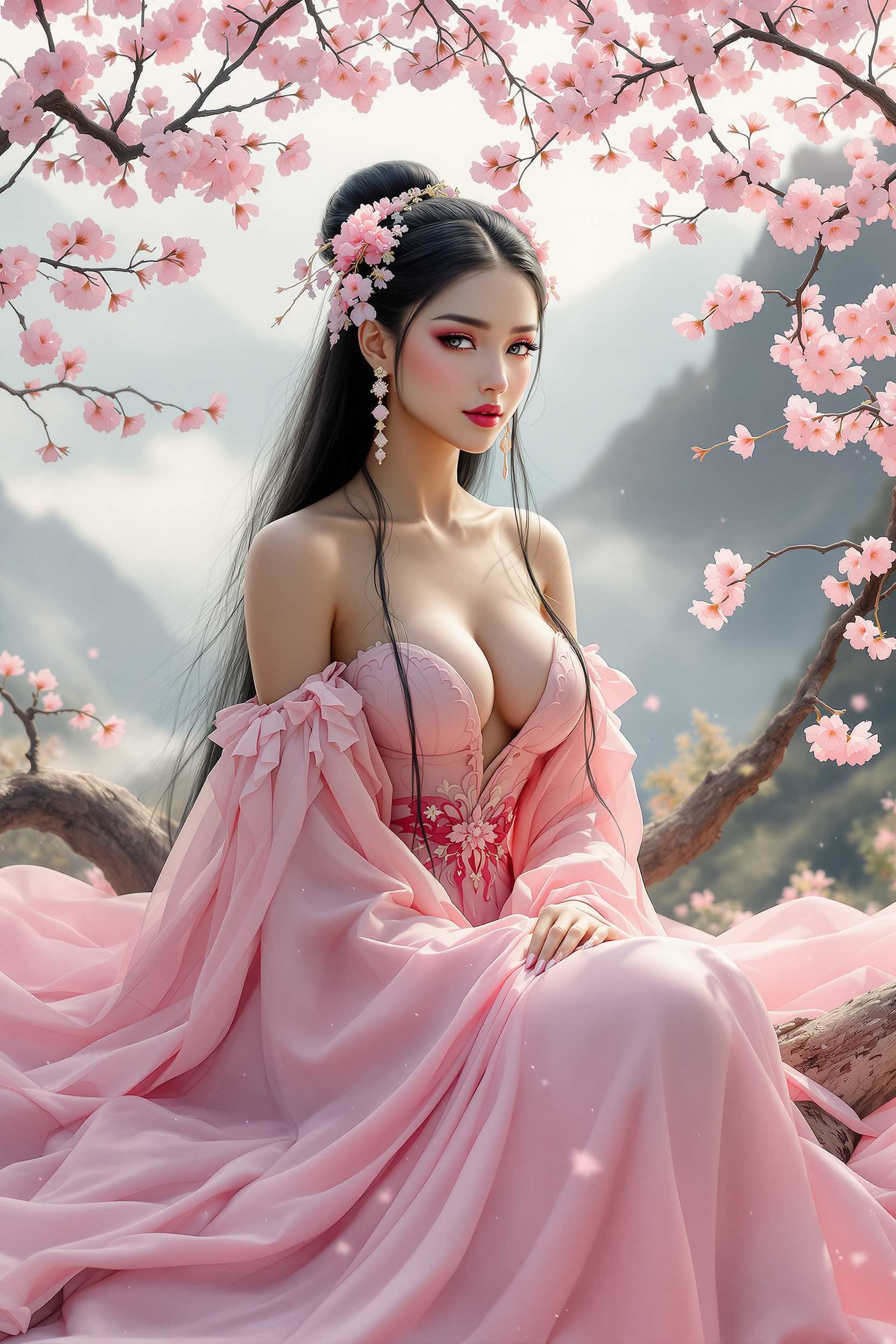 A mystical, graceful,spirit woman with large bust, wearing a flowing traditional pink dress, sitting among blooming cherry blossom branches. She has an elegant and ethereal expression,light brown skin,with delicate facial features and long, black hair adorned with intricate hairpins and floral accessories. The background features a dreamy, mountainous landscape bathed in soft light, with misty, pastel-colored hues enhancing the magical atmosphere.

