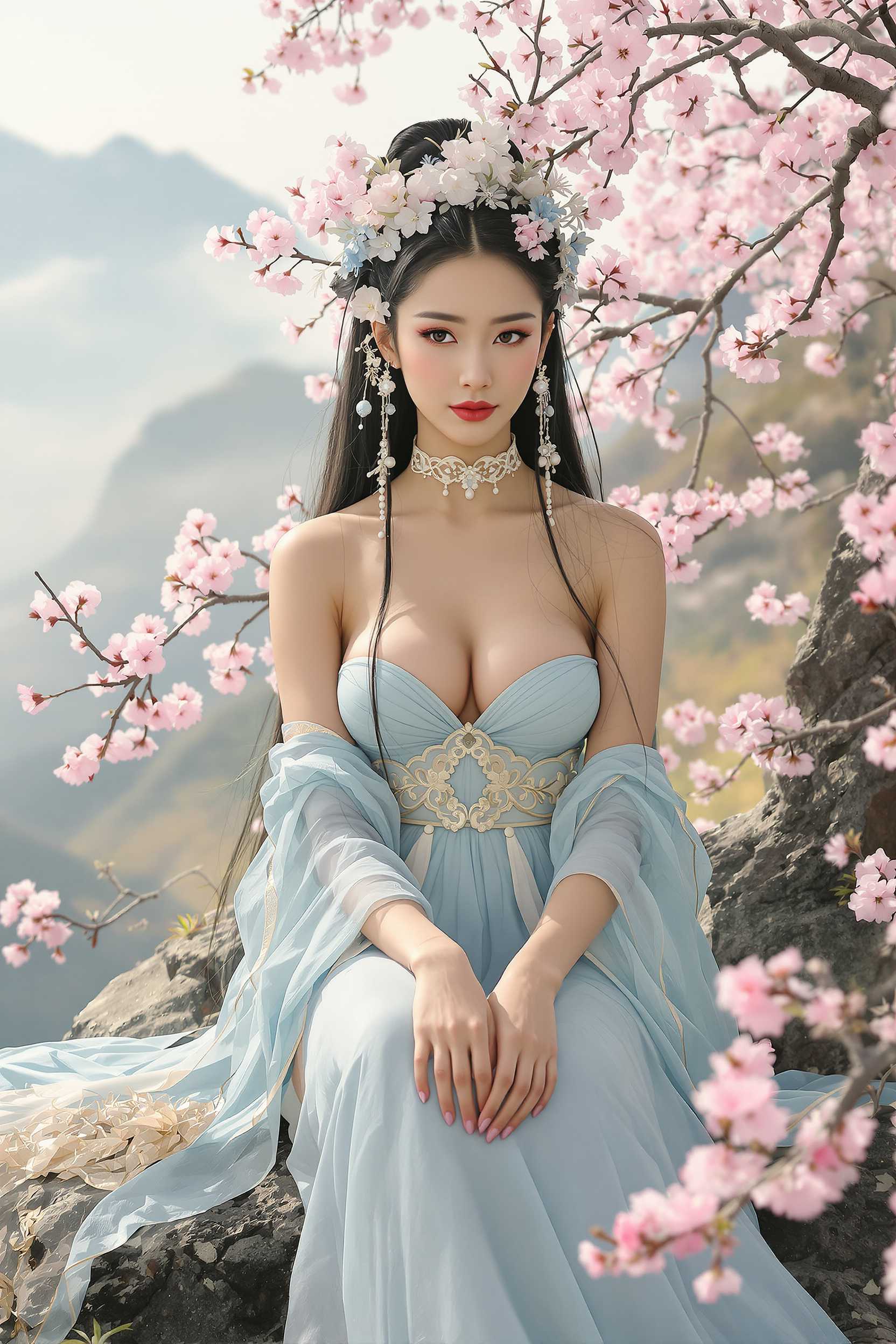 A mystical, graceful,spirit woman with large bust, wearing a flowing traditional light blue dress, sitting among blooming cherry blossom branches. She has an elegant and ethereal expression,light brown skin,with delicate facial features and long, black hair adorned with intricate hairpins and floral accessories. The background features a dreamy, mountainous landscape bathed in soft light, with misty, pastel-colored hues enhancing the magical atmosphere.

