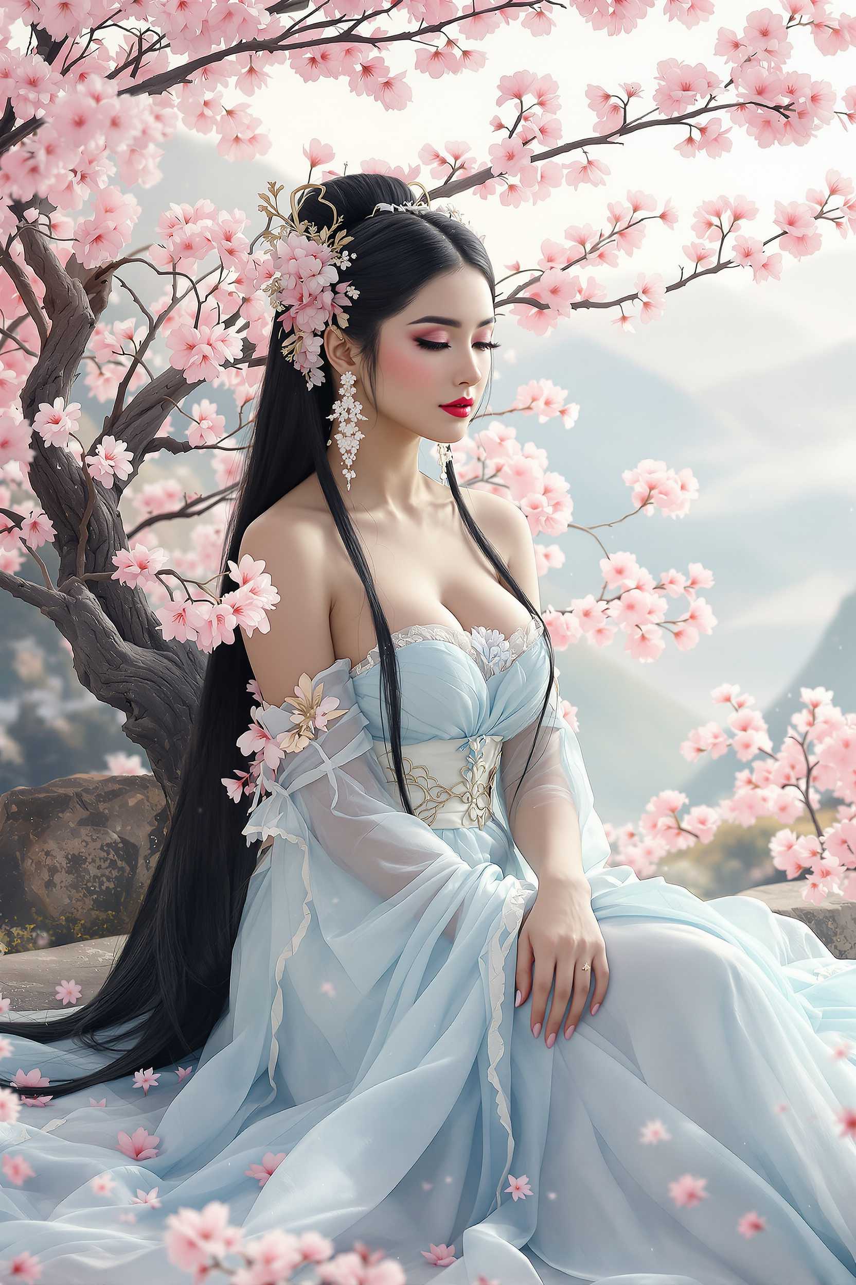 A mystical, graceful,spirit woman with large bust, wearing a flowing traditional light blue dress, sitting among blooming cherry blossom branches. She has an elegant and ethereal expression,light brown skin,with delicate facial features and long, black hair adorned with intricate hairpins and floral accessories. The background features a dreamy, mountainous landscape bathed in soft light, with misty, pastel-colored hues enhancing the magical atmosphere.

