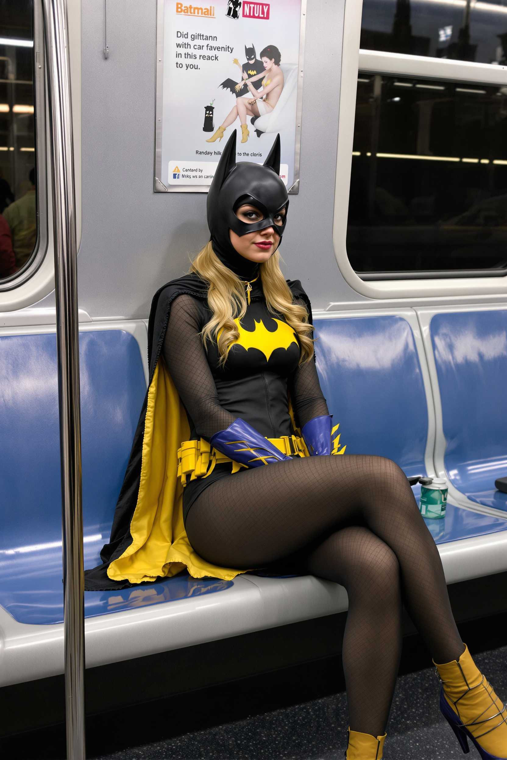 Batgirl sits in a subway car seat.
