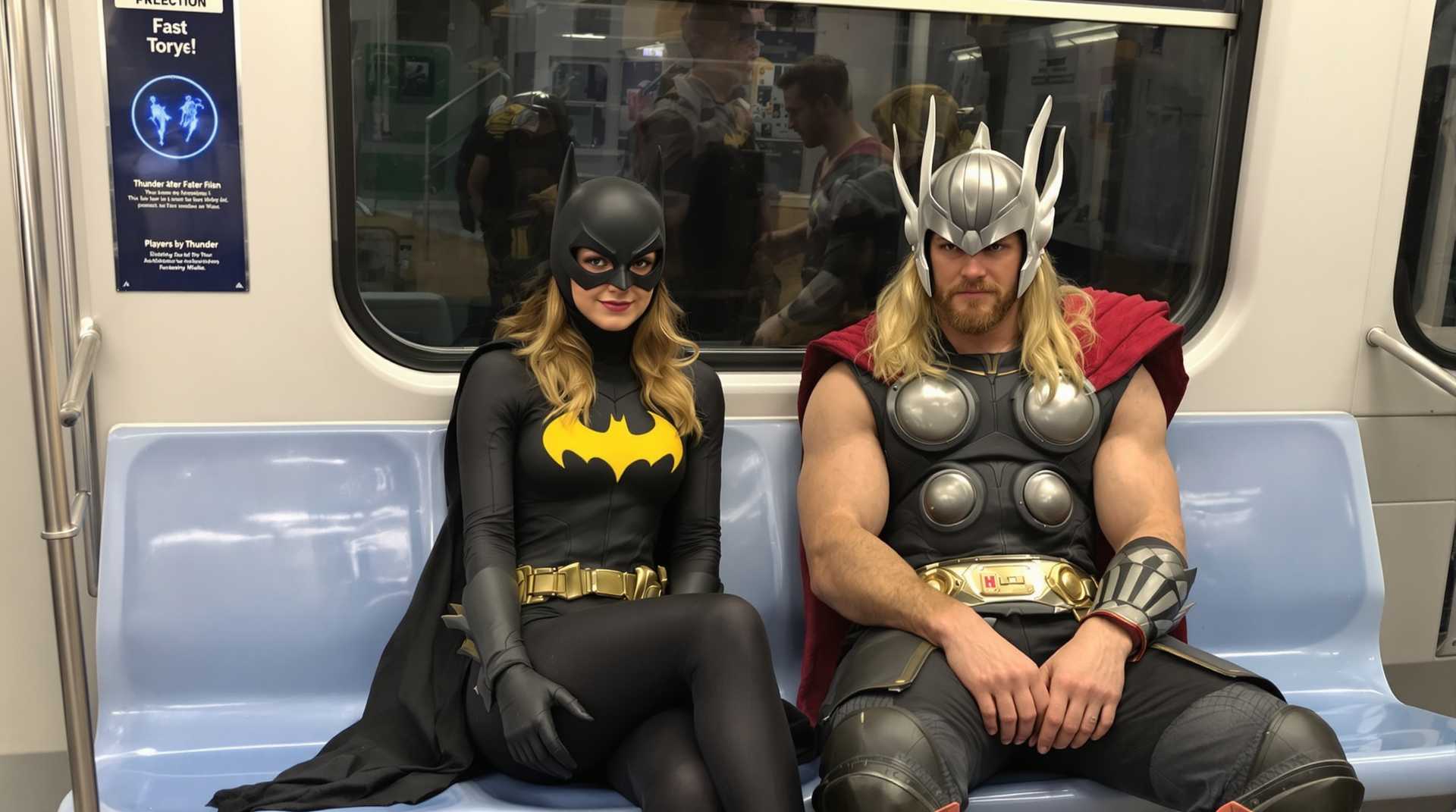 Batgirl sits in a subway car seat with Thor the thunder God.