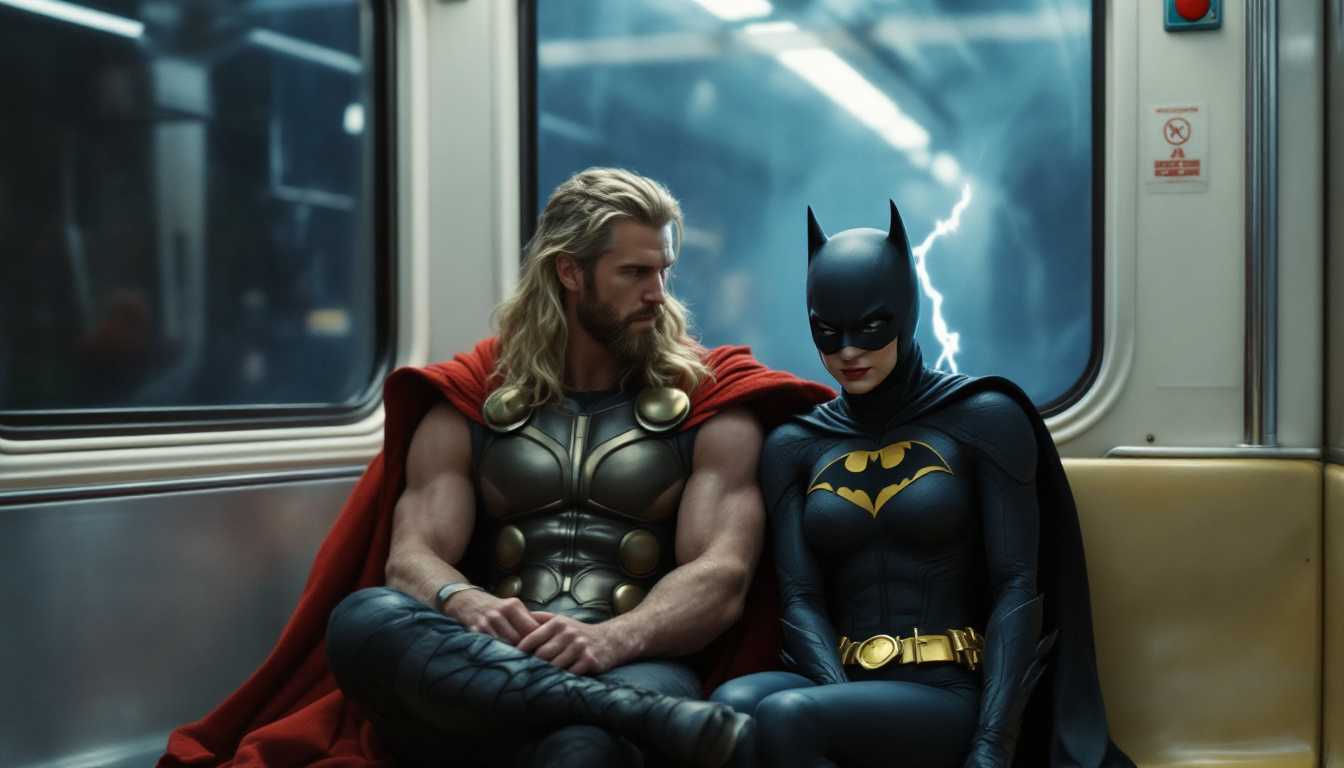 Batgirl sits in a subway car seat with Thor the thunder God.Photo real.
