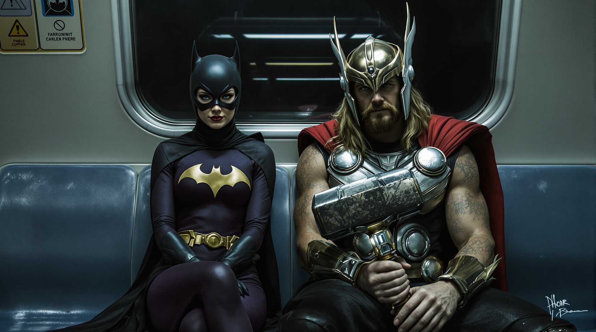 A photorealistic scene capturing Batgirl seated on a worn, urban subway car seat, her cape flowing gently behind her. Her costume is detailed with a deep, rich purple hue, accented by golden bat symbols and sleek black gloves. Next to her, Thor the Thunder God, with his iconic winged helmet and a weathered, metallic breastplate, holds Mjolnir firmly in his grasp. His red cape contrasts against the gritty subway environment. The setting is illuminated by the cold, fluorescent lights of the subway, casting a soft glow on their faces and highlighting the intricacies of Thor’s hammer and armor. The perspective is set from a seated passenger's eye level, creating an intimate and dynamic composition. A sense of calm and quiet confidence exudes from both characters, amidst the bustling yet dim ambiance of an underground transit system.