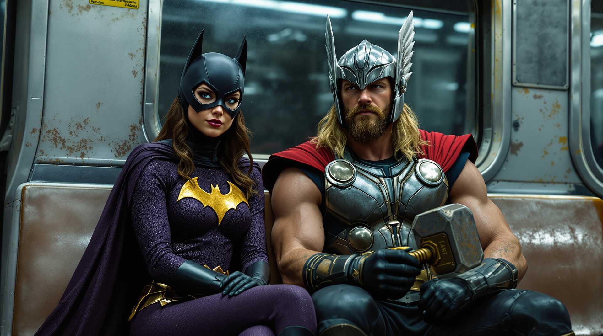 A photorealistic scene capturing Batgirl seated on a worn, urban subway car seat, her cape flowing gently behind her. Her costume is detailed with a deep, rich purple hue, accented by golden bat symbols and sleek black gloves. Next to her, Thor the Thunder God, with his iconic winged helmet and a weathered, metallic breastplate, holds Mjolnir firmly in his grasp. His red cape contrasts against the gritty subway environment. The setting is illuminated by the cold, fluorescent lights of the subway, casting a soft glow on their faces and highlighting the intricacies of Thor’s hammer and armor. The perspective is set from a seated passenger's eye level, creating an intimate and dynamic composition. A sense of calm and quiet confidence exudes from both characters, amidst the bustling yet dim ambiance of an underground transit system.