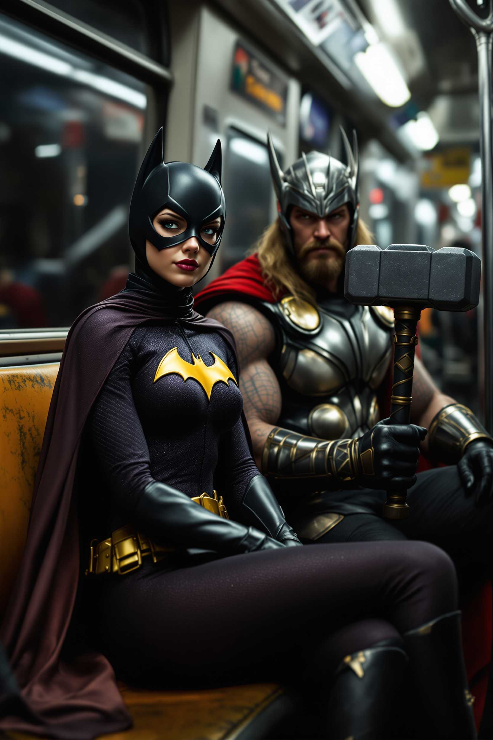 A photorealistic scene capturing Batgirl seated on a worn, urban subway car seat, her cape flowing gently behind her. Her costume is detailed with a deep, rich purple hue, accented by golden bat symbols and sleek black gloves. Next to her, Thor the Thunder God, with his iconic winged helmet and a weathered, metallic breastplate, holds Mjolnir firmly in his grasp. His red cape contrasts against the gritty subway environment. The setting is illuminated by the cold, fluorescent lights of the subway, casting a soft glow on their faces and highlighting the intricacies of Thor’s hammer and armor. The perspective is set from a seated passenger's eye level, creating an intimate and dynamic composition. A sense of calm and quiet confidence exudes from both characters, amidst the bustling yet dim ambiance of an underground transit system.