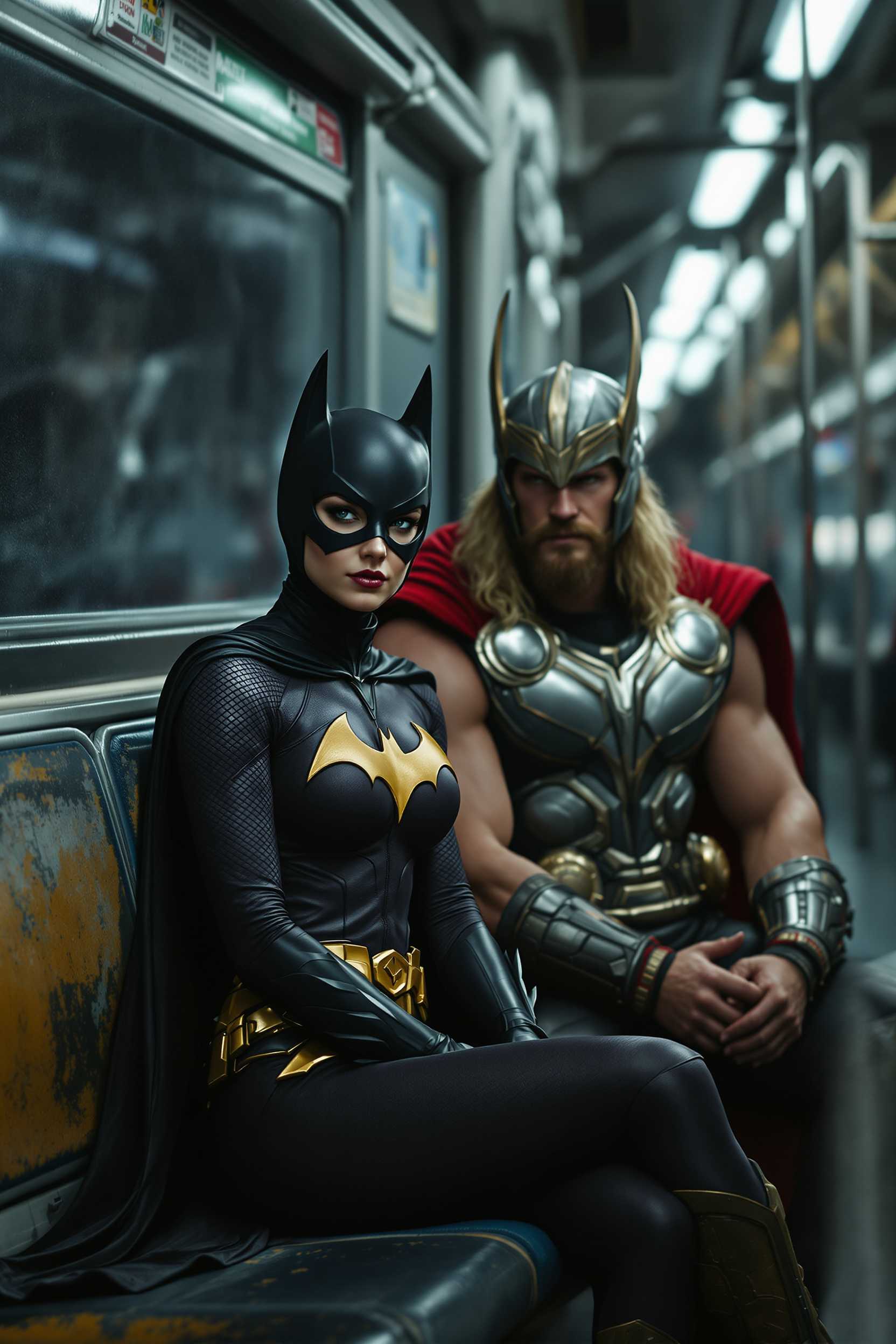 A photorealistic scene capturing Batgirl seated on a worn, urban subway car seat, her cape flowing gently behind her. Her costume is detailed with a deep, rich purple hue, accented by golden bat symbols and sleek black gloves. Next to her, Thor the Thunder God, with his iconic winged helmet and a weathered, metallic breastplate, holds Mjolnir firmly in his grasp. His red cape contrasts against the gritty subway environment. The setting is illuminated by the cold, fluorescent lights of the subway, casting a soft glow on their faces and highlighting the intricacies of Thor’s hammer and armor. The perspective is set from a seated passenger's eye level, creating an intimate and dynamic composition. A sense of calm and quiet confidence exudes from both characters, amidst the bustling yet dim ambiance of an underground transit system.