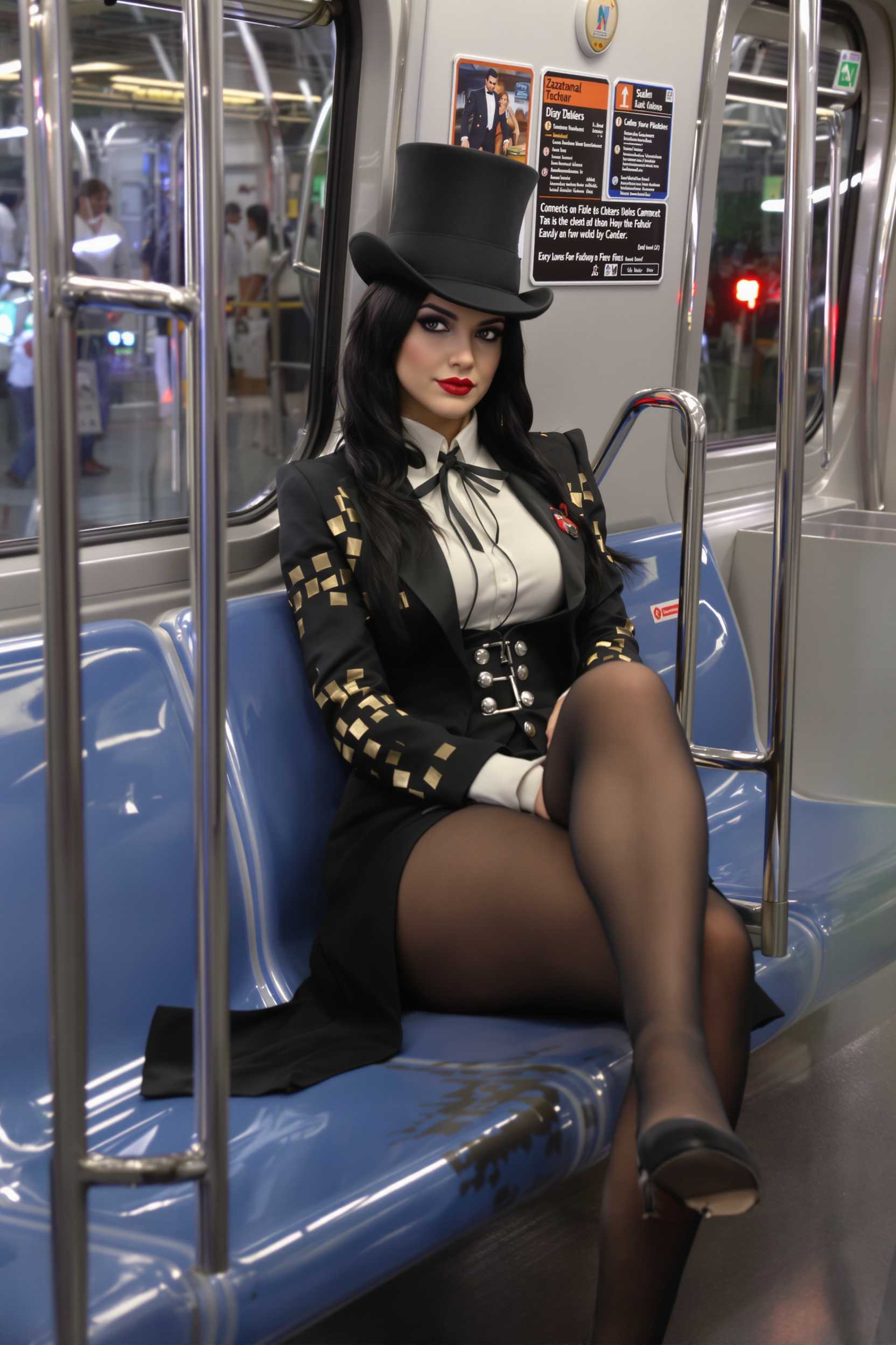 Zatanna sits in a subway car seat.photo realistic.