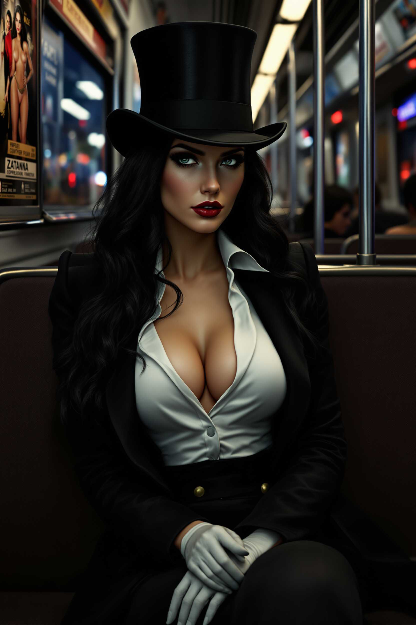A photorealistic depiction of Zatanna seated in a subway car. The scene captures an intimate moment as she sits with poise and elegance, her classic top hat slightly tilted. Her long dark hair cascades down her shoulders, contrasting against her crisp low cut white shirt, black jacket, and satin gloves. The texture of velvet and satin is vividly detailed, reflecting the ambient subway lighting. Around her, the subway car features authentic urban details: textured seats worn from years of use, metallic handrails, and dimly lit advertisement panels. The composition places her centrally, with a shallow depth of field blurring the backgrounds of other passengers and the passing tunnels. The atmosphere is mysterious and city-centric, with the mood set by the soft rumble of the subway. The time of day feels like early evening, suggested by the faint reflections of neon lights flickering on the windows.