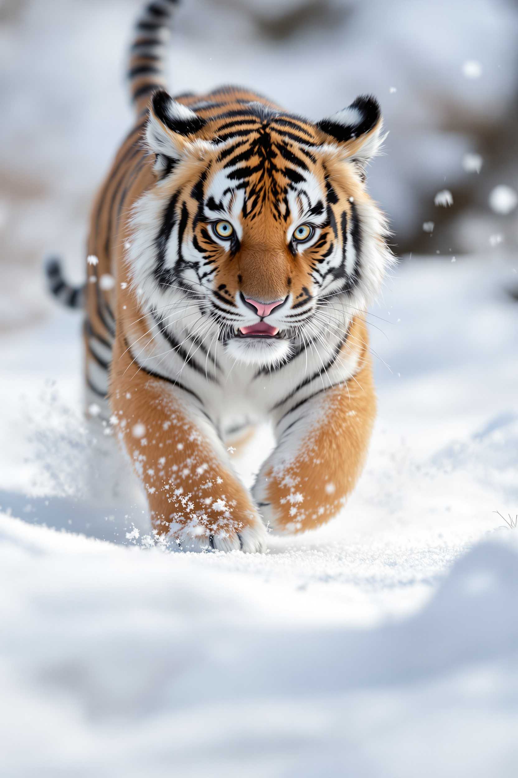 Tiger running in the snow, motion capture, superb photography, National Geographic photos of tiger cubs, close-up of head and body, natural lighting.

