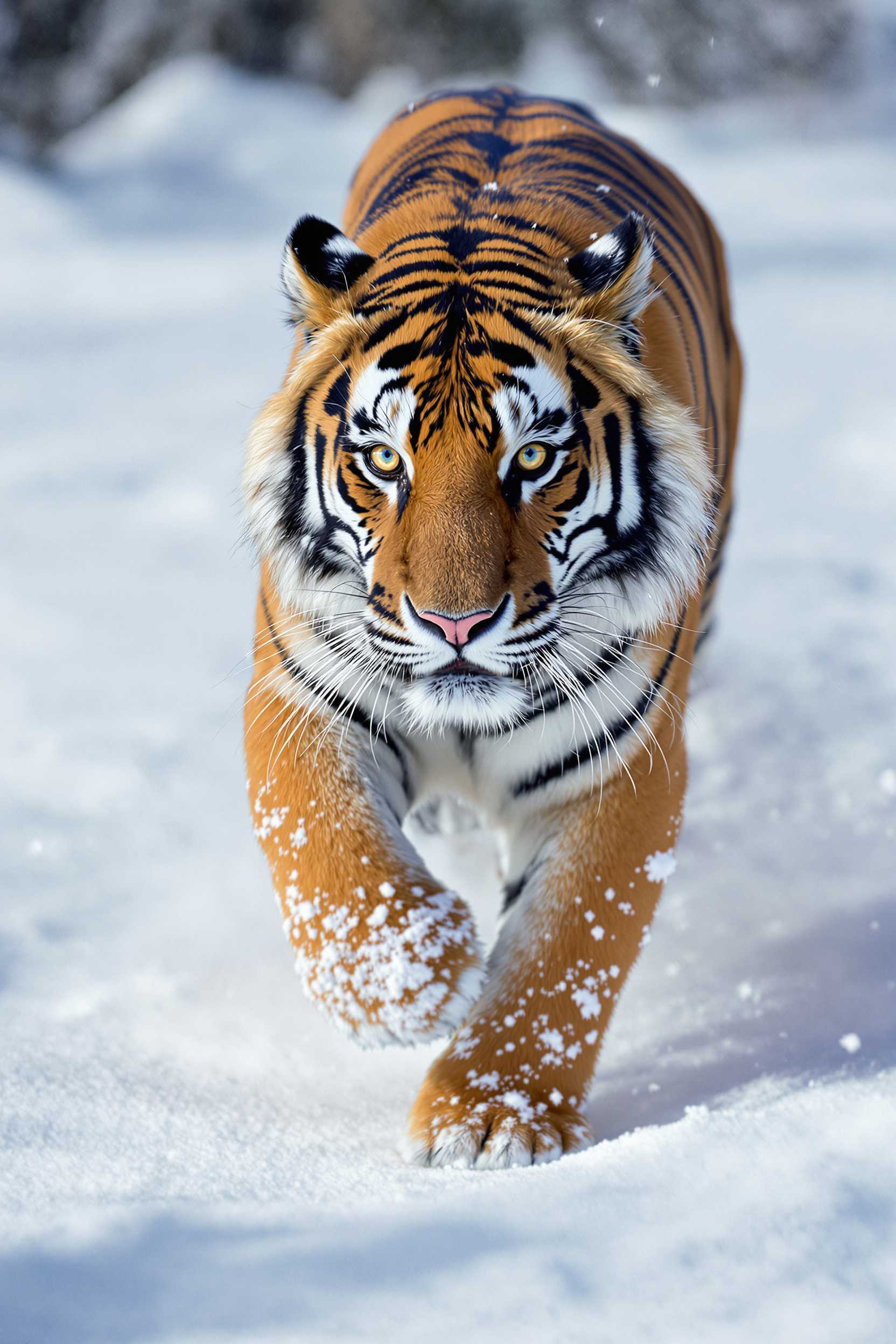 A National Geographic-style photograph capturing a majestic tiger in mid-stride as it runs through a snowy landscape. The focus is on a close-up view of the tiger's head and upper body, showcasing intricate details in its fur and striking eyes. The scene is rendered with motion capture to highlight the dynamic movement of the tiger, snow kicking up around its powerful paws. The photograph employs natural lighting, enhancing the warm tones of the tiger's fur against the cool, pristine backdrop of untouched snow. The composition places the tiger slightly off-center, using a shallow depth of field to create an intimate and engaging portrait. The overall atmosphere conveys a sense of wild beauty and the untamed wilderness, reminiscent of the captivating imagery found in National Geographic.
