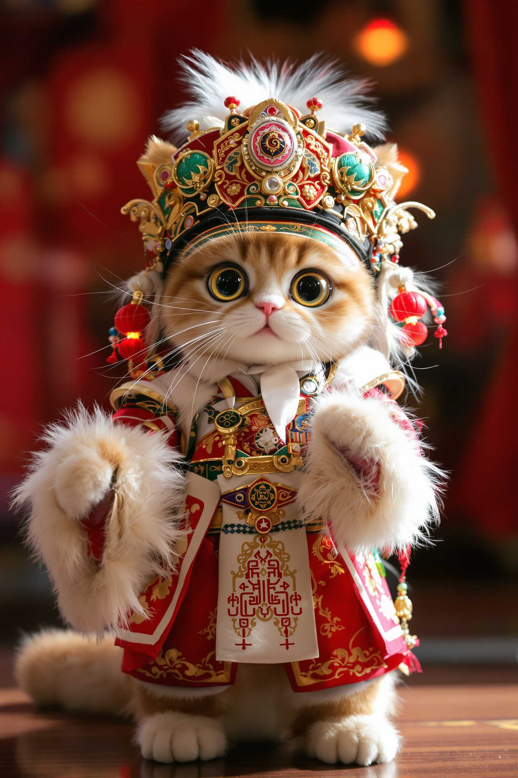 An anthropomorphic, adorable cat dressed in a traditional Beijing Opera costume, with hyper-realistic fur, large expressive eyes, and intricate details, striking a pose on the opera stage as if performing, facing the camera, incredibly cute, ultra-high-definition, masterpiece.


