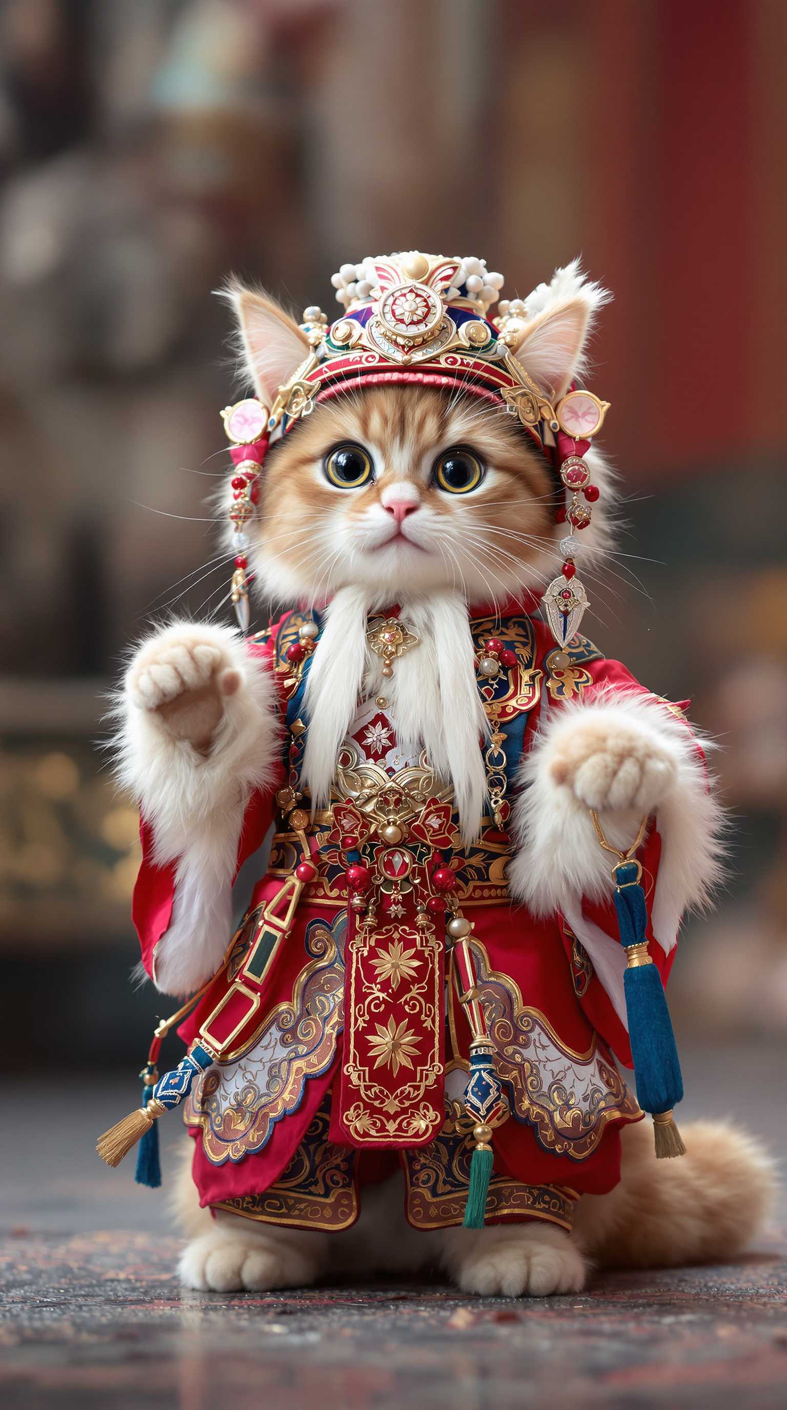 An anthropomorphic, adorable cat dressed in a traditional Beijing Opera costume, with hyper-realistic fur, large expressive eyes, and intricate details, striking a pose on the opera stage as if performing, facing the camera, incredibly cute, ultra-high-definition, masterpiece.

